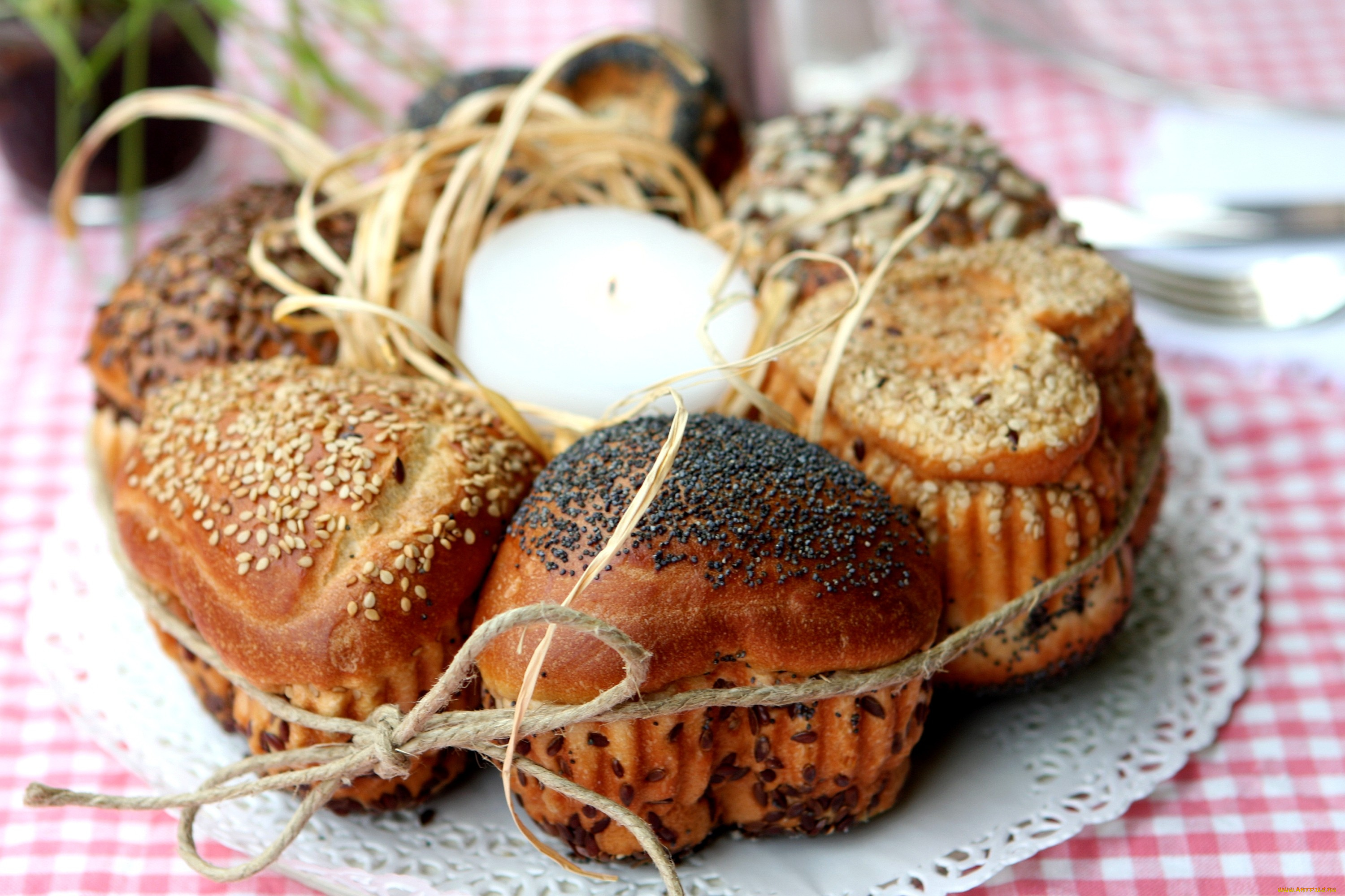 еда, хлеб, выпечка, свеча, бечевка