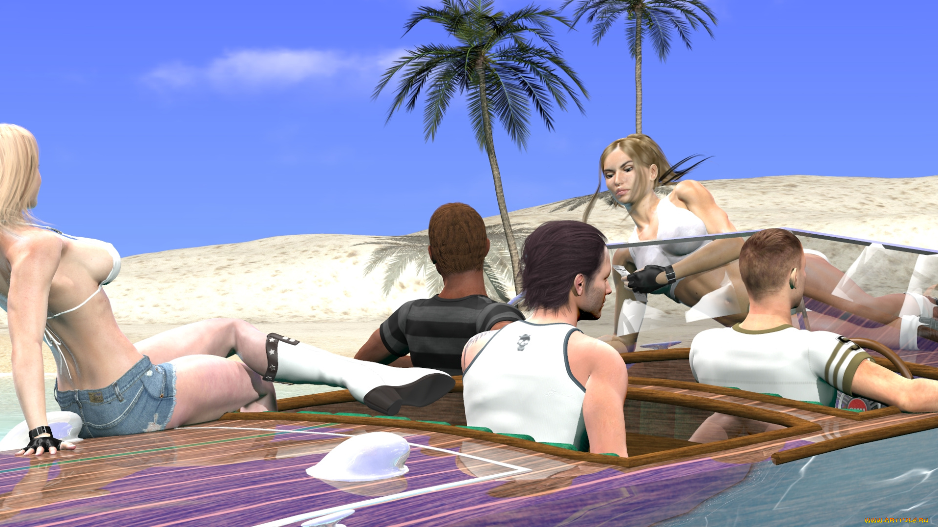 3д, графика, people, люди, пальмы, парни, девушки, автомобиль