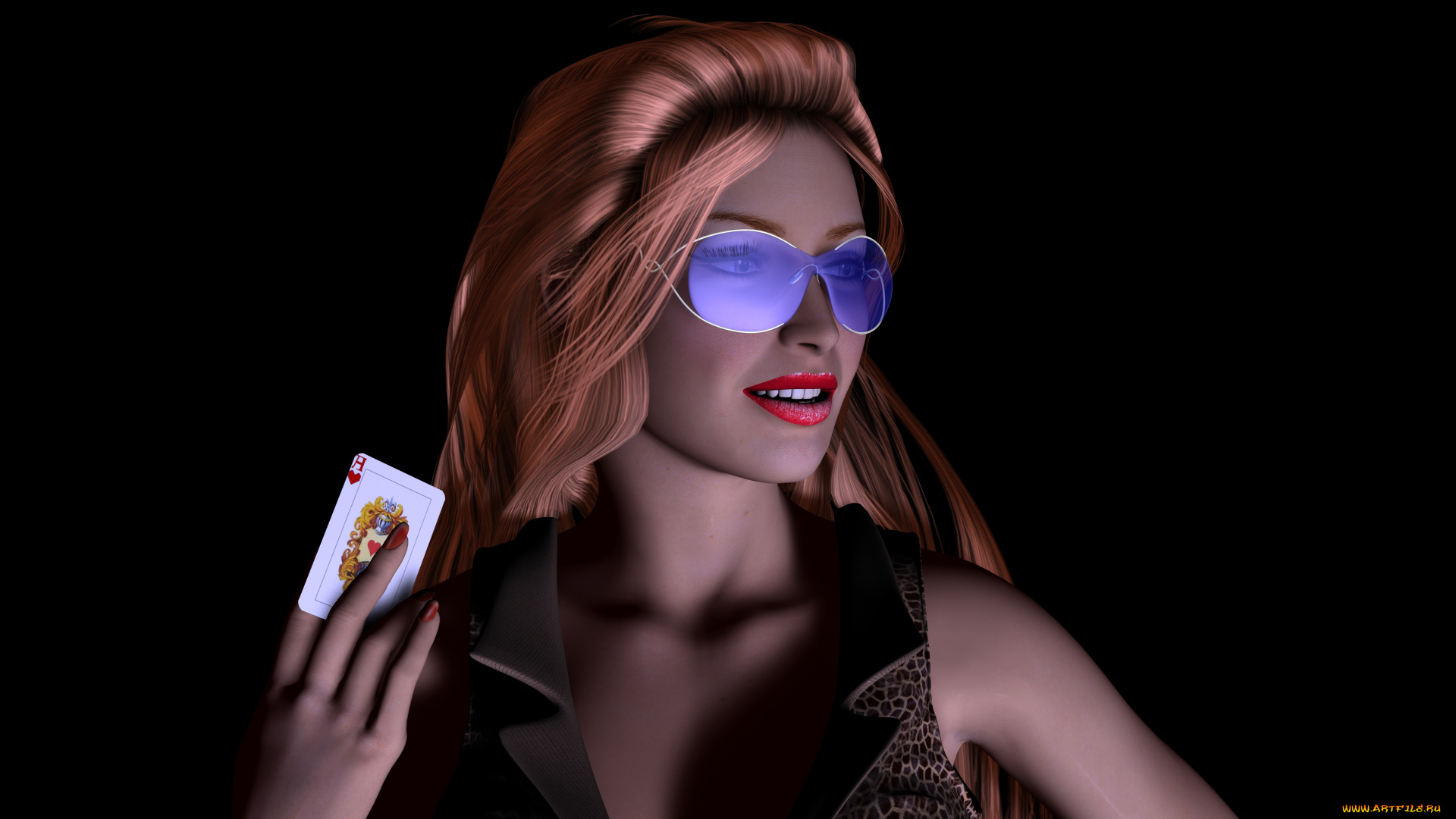 3д, графика, portraits, портрет, карта, рыжая, взгляд, очки