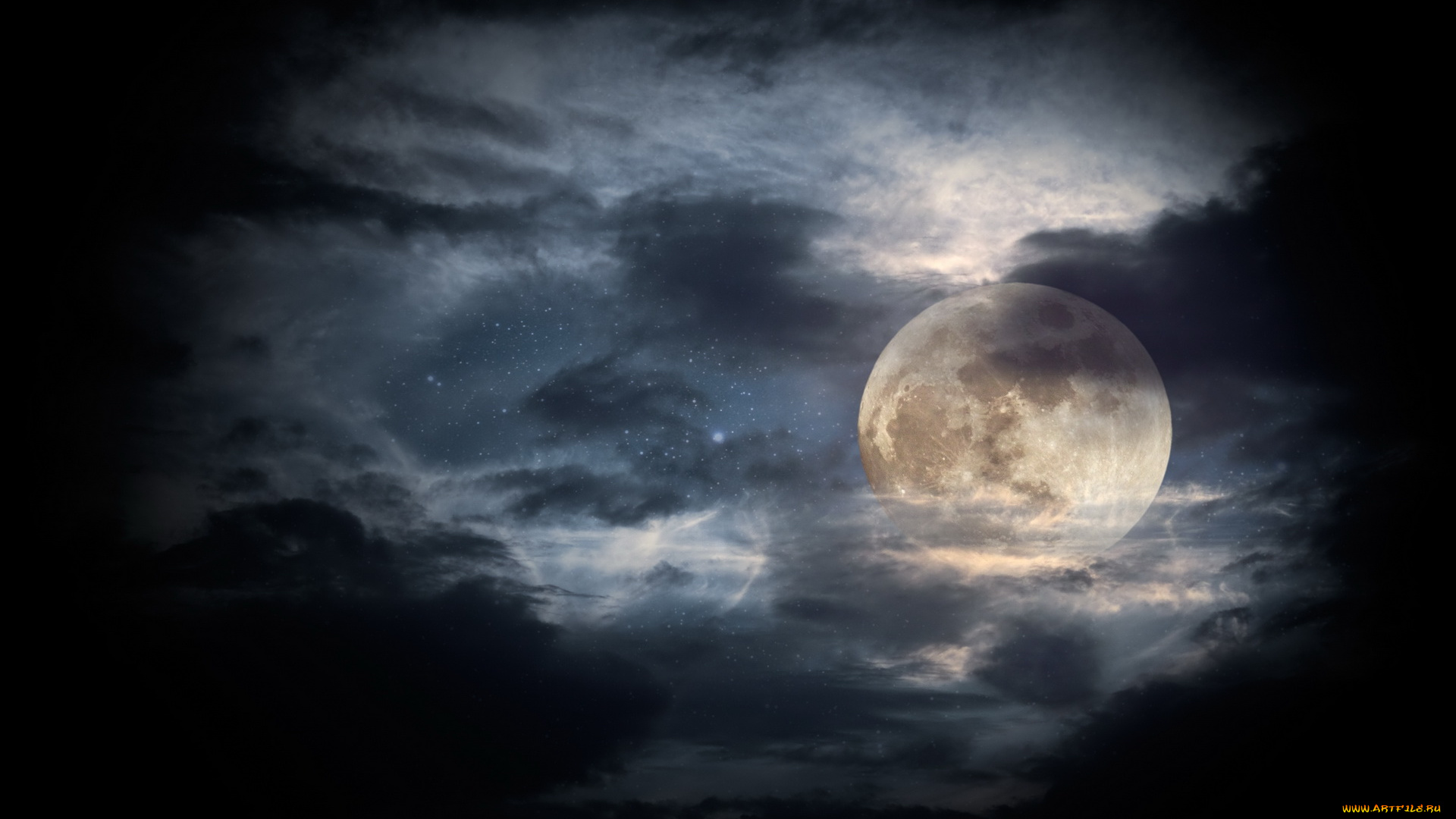 космос, луна, небо, тучи, звезды