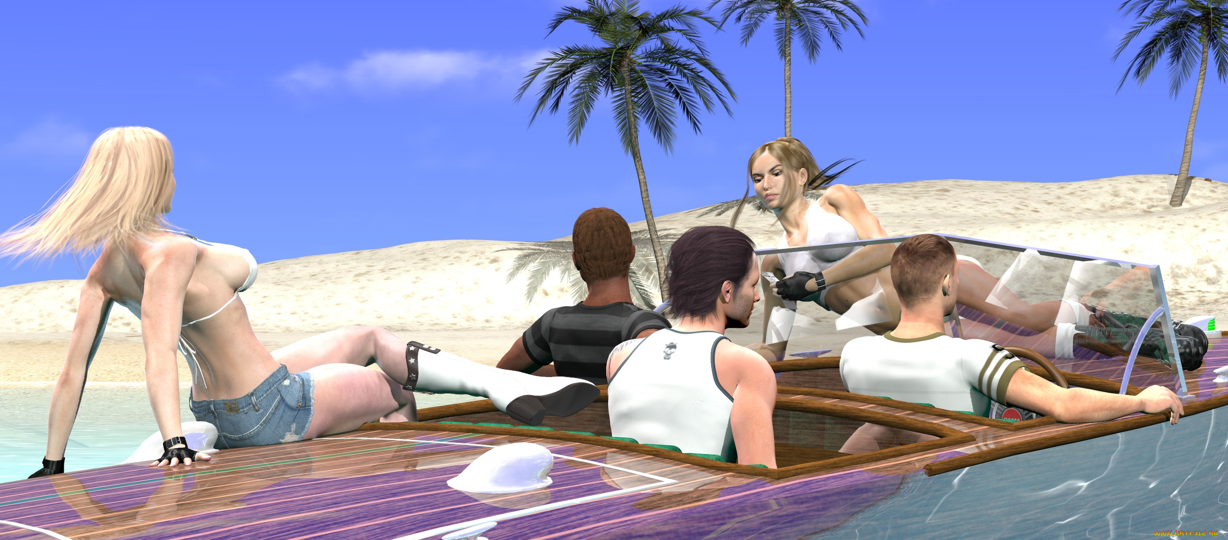 3д, графика, people, люди, пальмы, парни, девушки, автомобиль