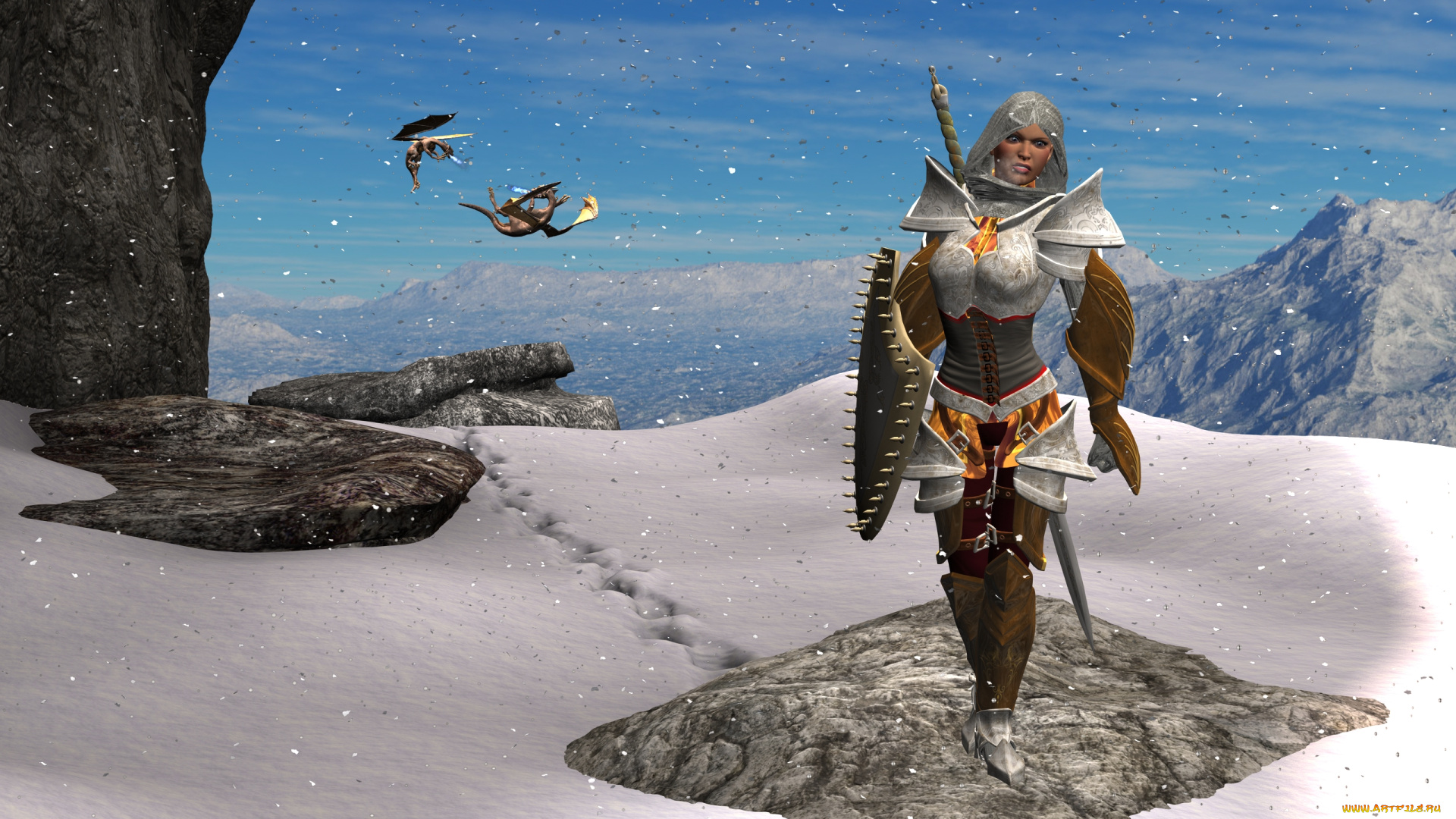 3д, графика, амазонки, , amazon, девушка, взгляд, доспехи, драконы, снег