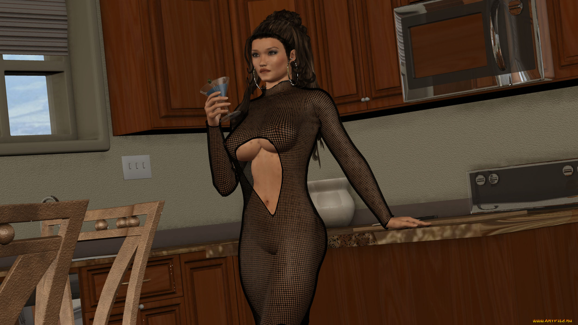 3д, графика, люди, , people, девушка, взгляд, фон, бокал