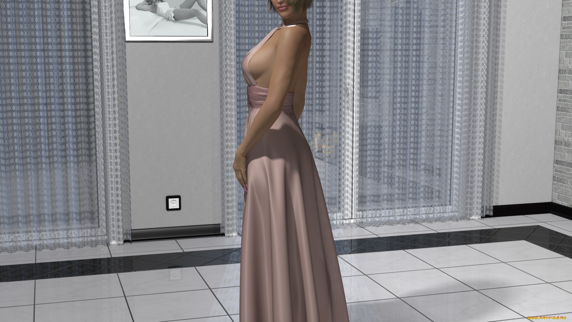 3д, графика, люди, , people, девушка, взгляд, платье, комната