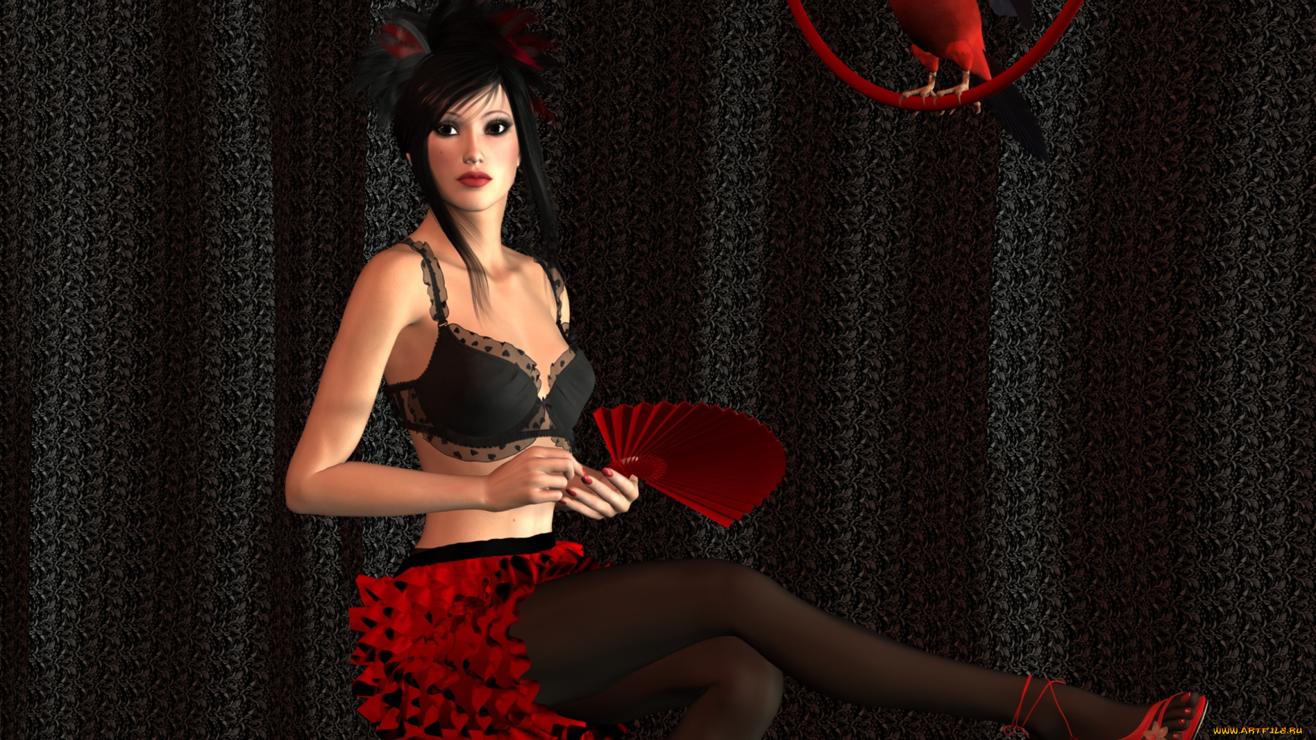 3д, графика, люди, , people, попугай, взгляд, веер, фон, девушка