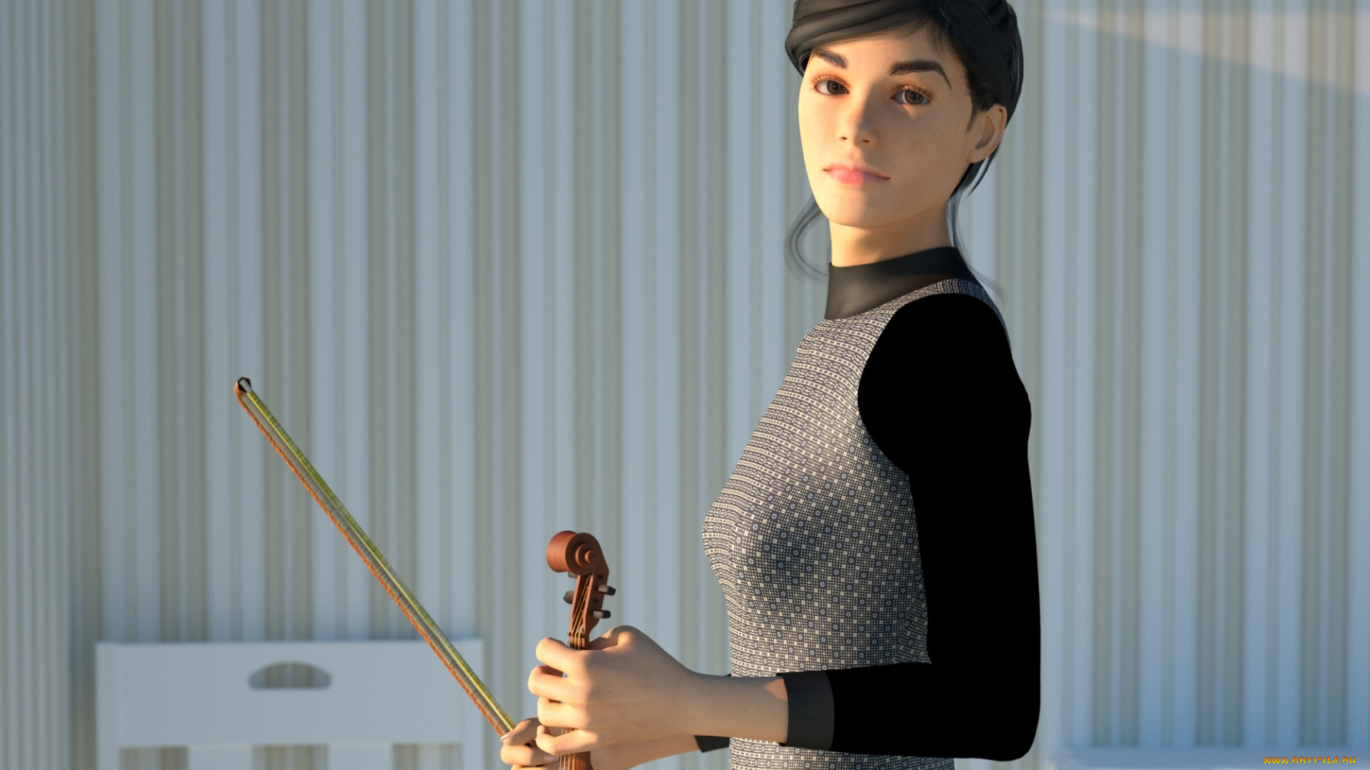 3д, графика, люди, , people, скрипка, взгляд, девушка