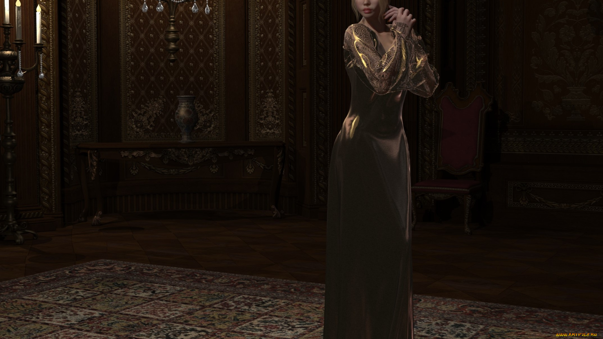 3д, графика, люди, , people, свечи, мрак, комната, взгляд, девушка