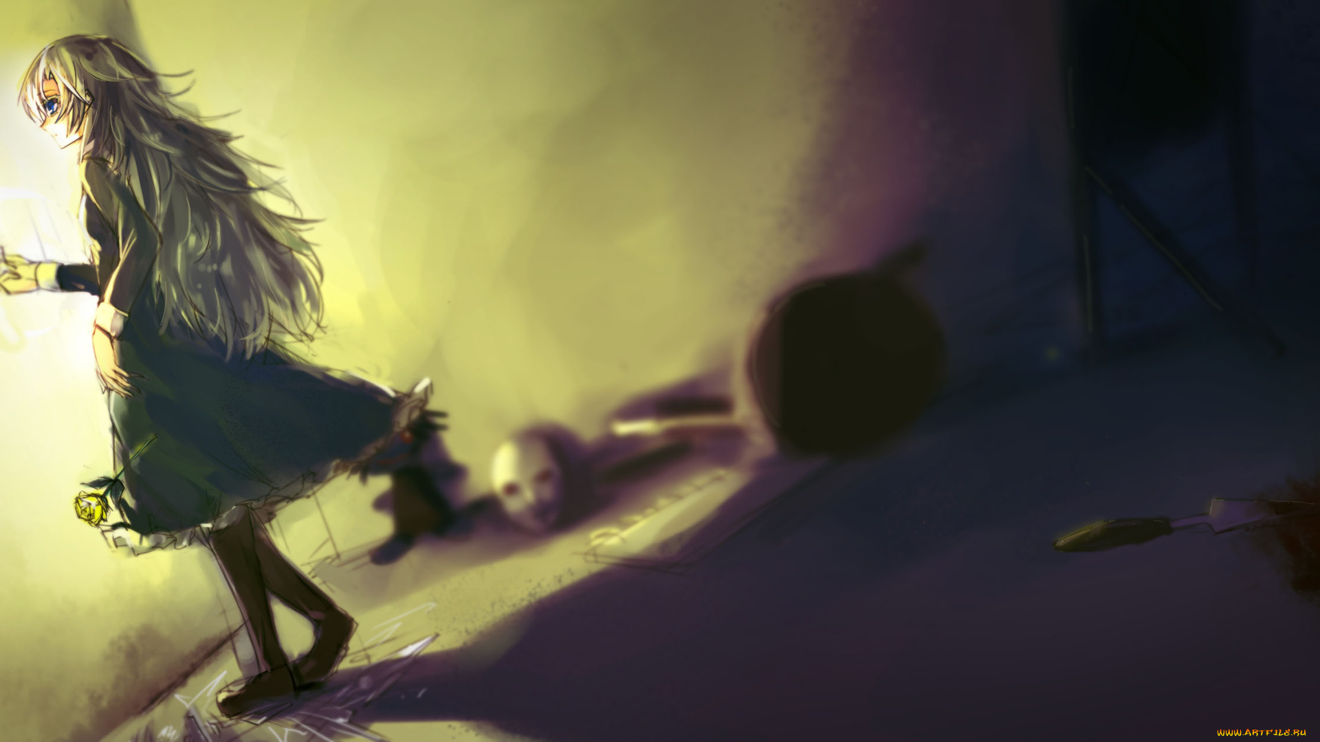 аниме, ib, комната, кровь, свет, роза, mary, девушка