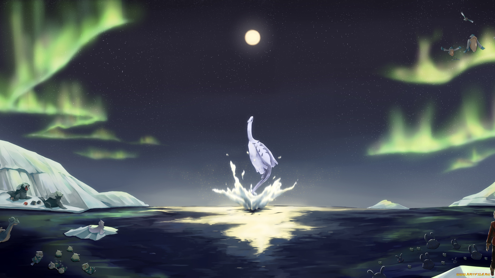аниме, pokemon, горы, луна, северное, сияние, звёзды, ночь, покемоны, арт, парень, лёд