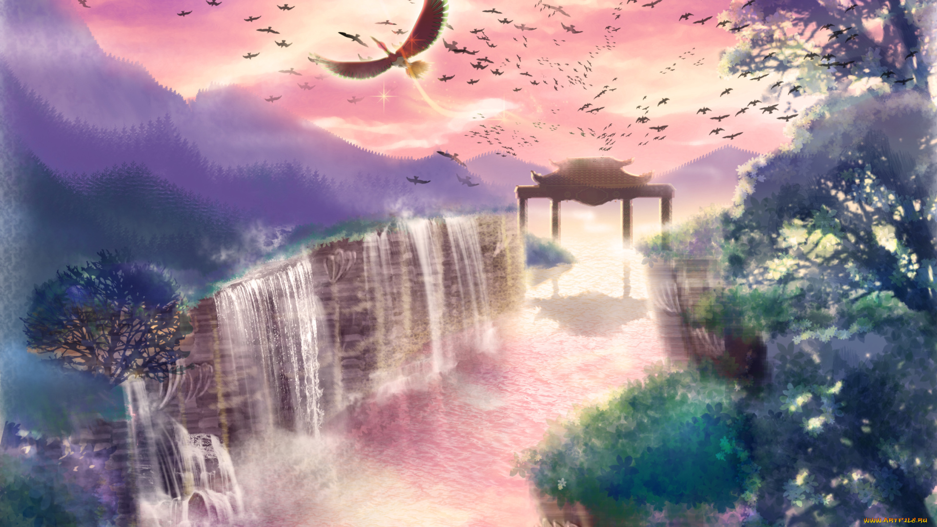 аниме, pokemon, птицы, скалы, деревья, природа, река, водопады, закат, покемоны, арт