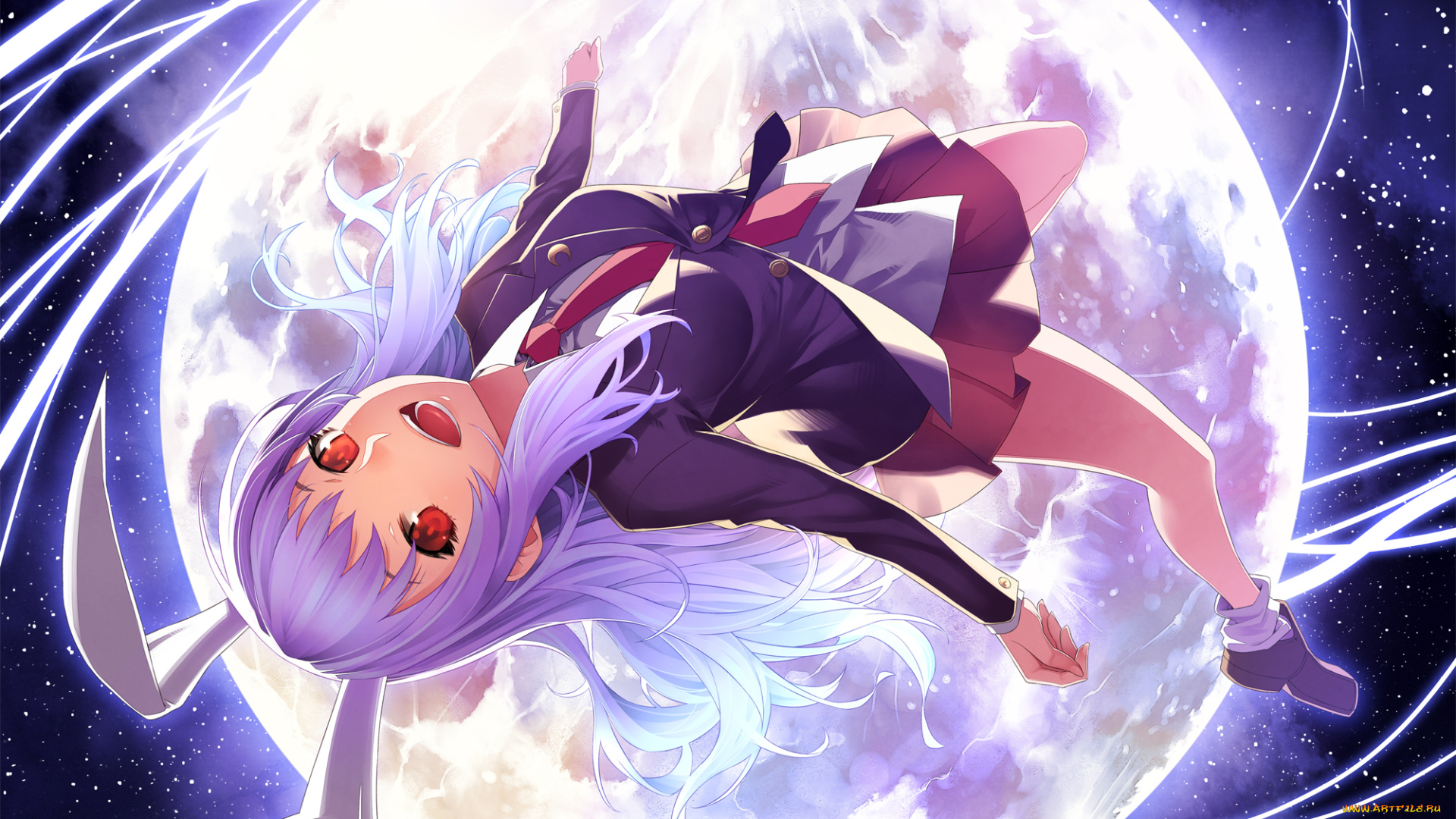 аниме, touhou, луна, небо, взгляд, улыбка, девушка, арт, полёт, ушки