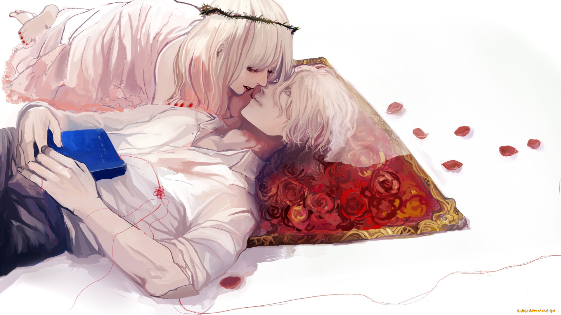 аниме, *unknown, , другое, парень, девушка, белые, волосы, подушка, книга, лепестки, нить