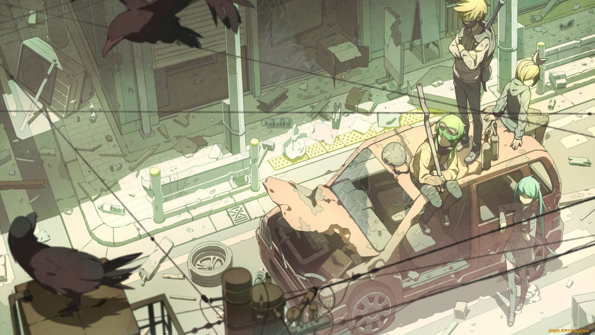 аниме, vocaloid, арт, tomioka, jirou, hatsune, miku, gumi, kagamine, rin, len, девушки, парни, город, машина, птицы, дома, провода, оружие