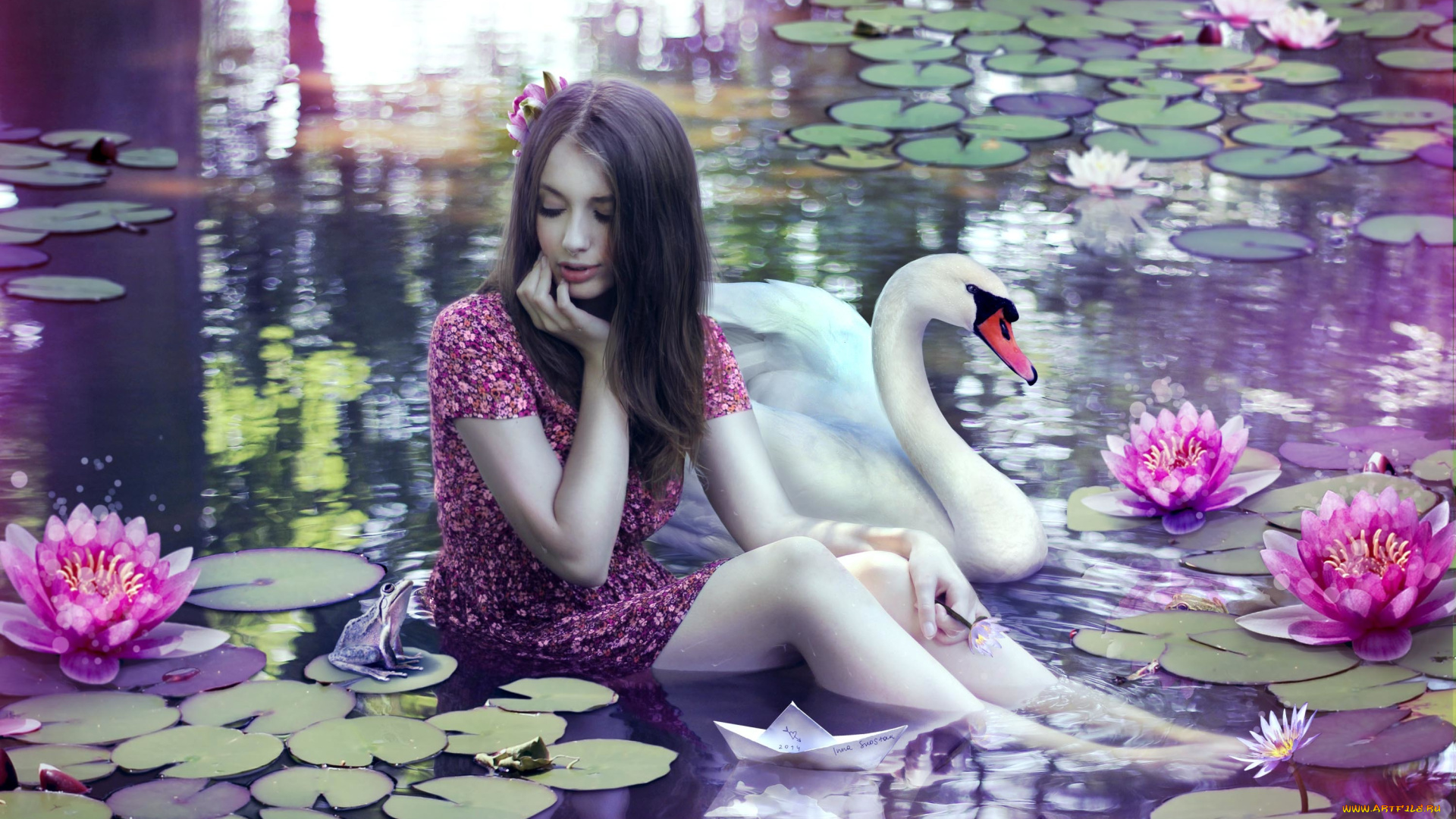 девушки, -unsort, , брюнетки, , шатенки, девушка, платье, кувшинки, лебедь