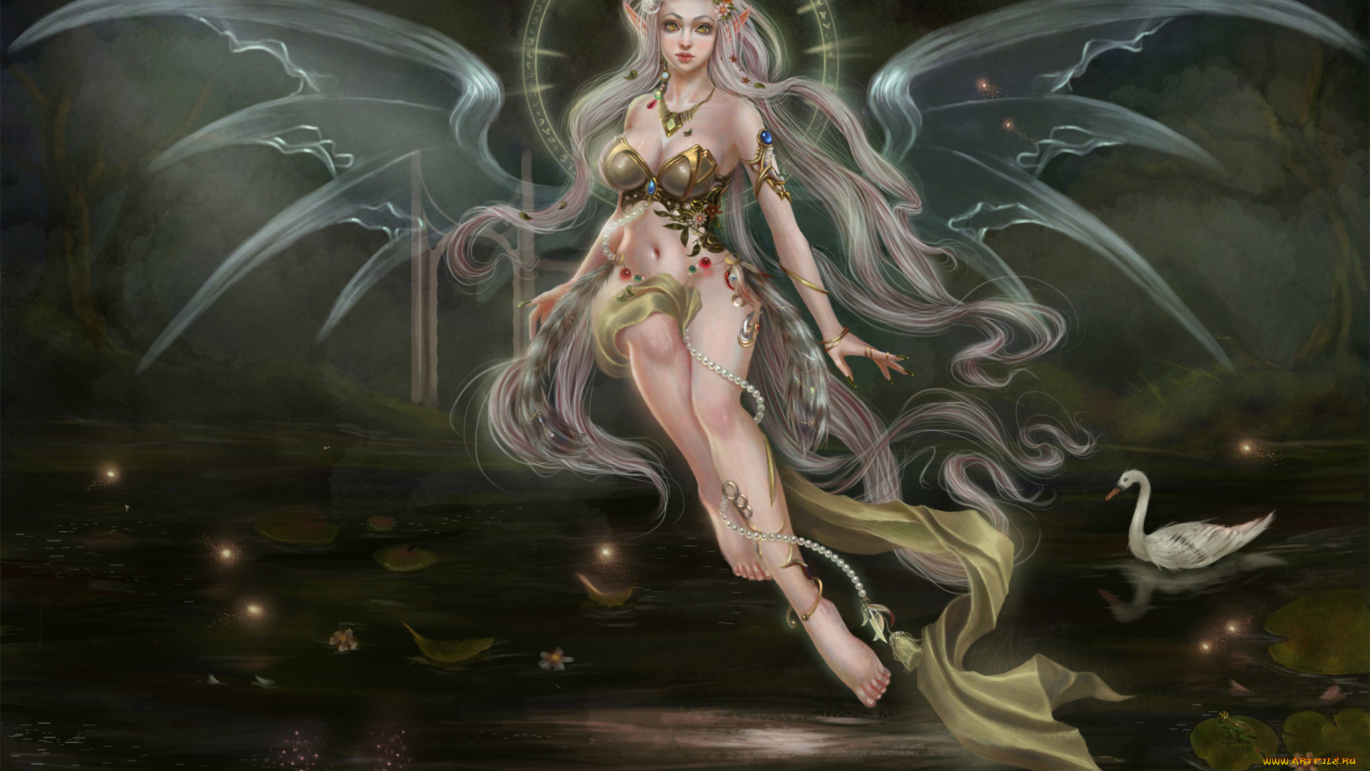 фэнтези, эльфы, эльф, девушка, пруд, лотос, лебедь