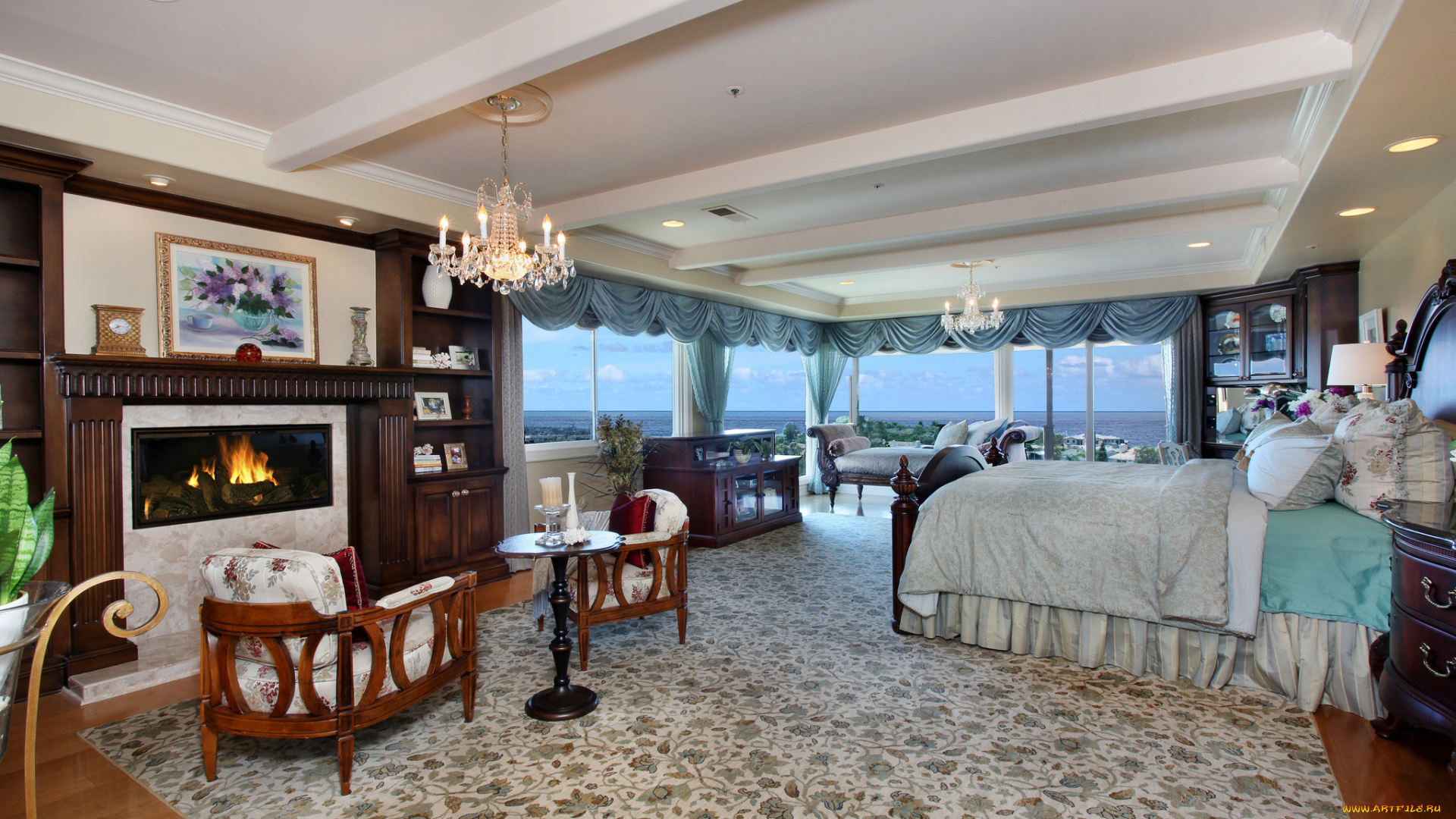 интерьер, спальня, подушки, люстра, светильник, стиль