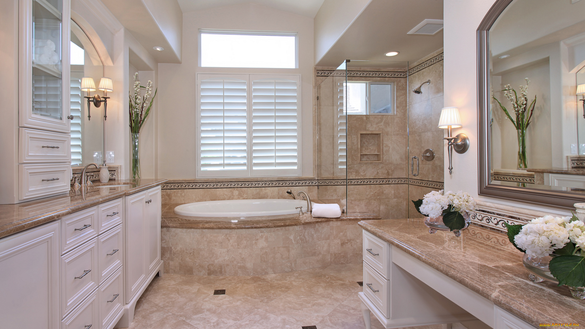 интерьер, ванная, и, туалетная, комнаты, ванная, стиль, дизайн, цветы