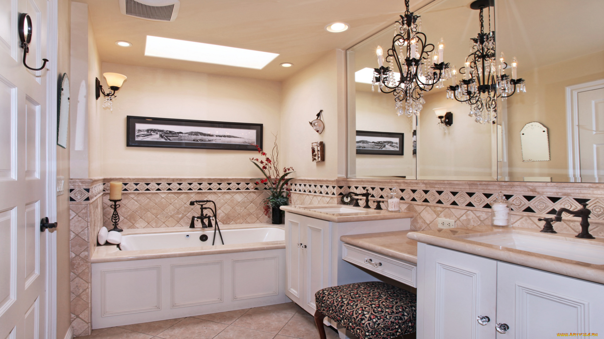 интерьер, ванная, и, туалетная, комнаты, ванная, стиль, дизайн, цветы