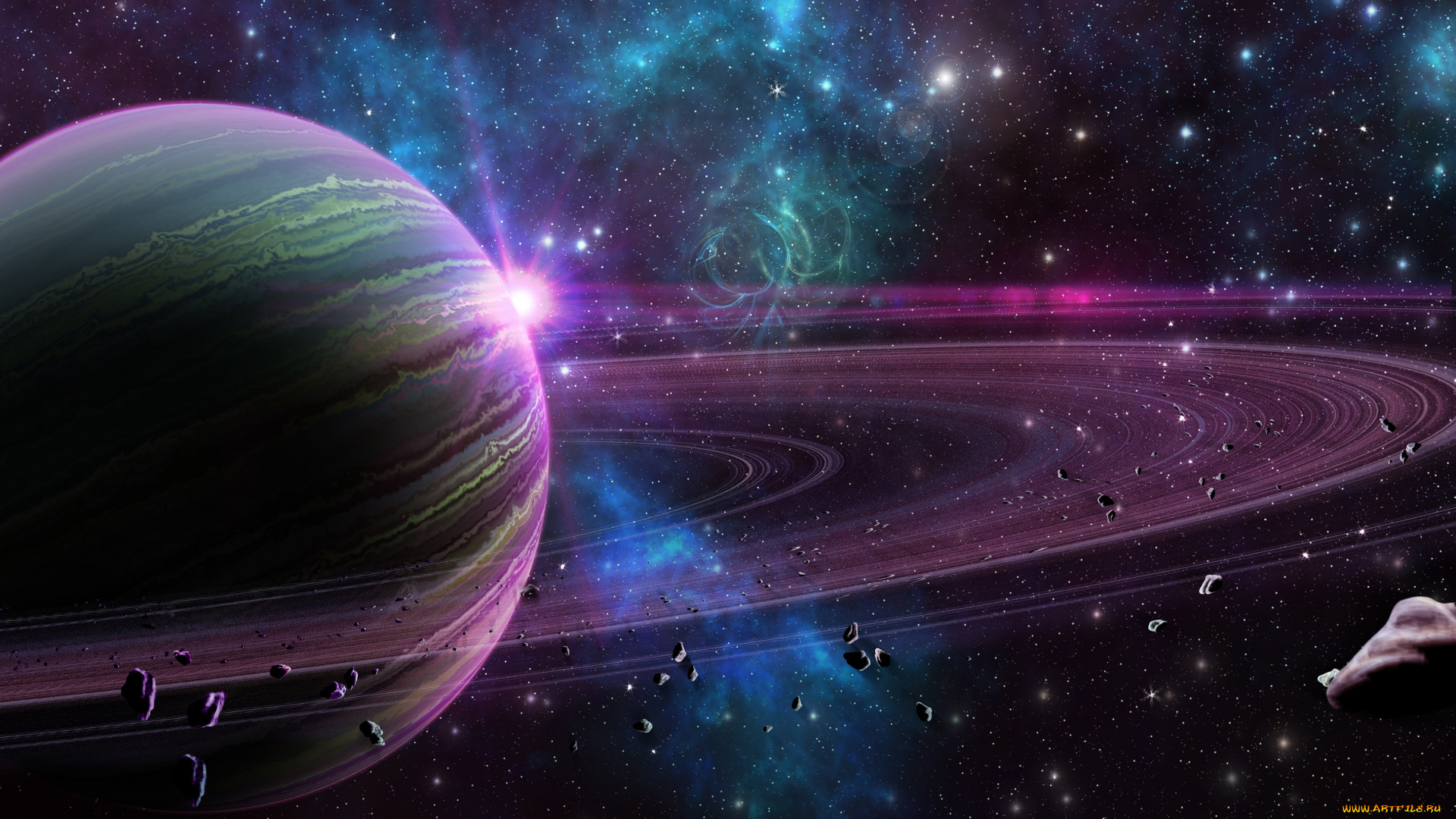 космос, арт, планета, кольца, звёзды
