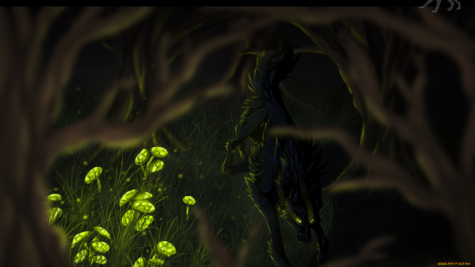 рисованные, животные, , волки, ночь, волк