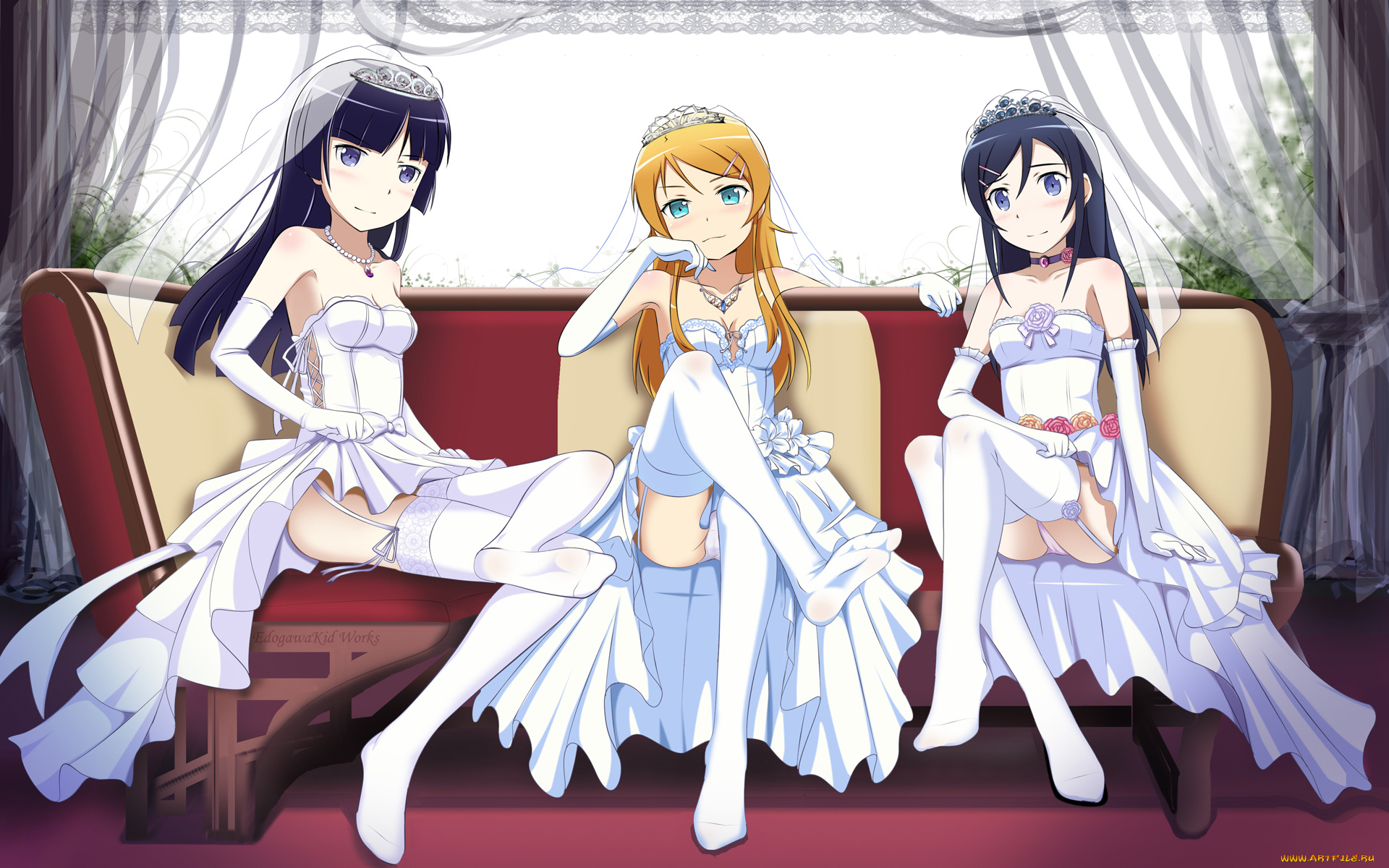аниме, oreimo, диван, aragaki, ayase, kousaka, kirino, свадебные, платья, девушки, трио, gokou, ruri