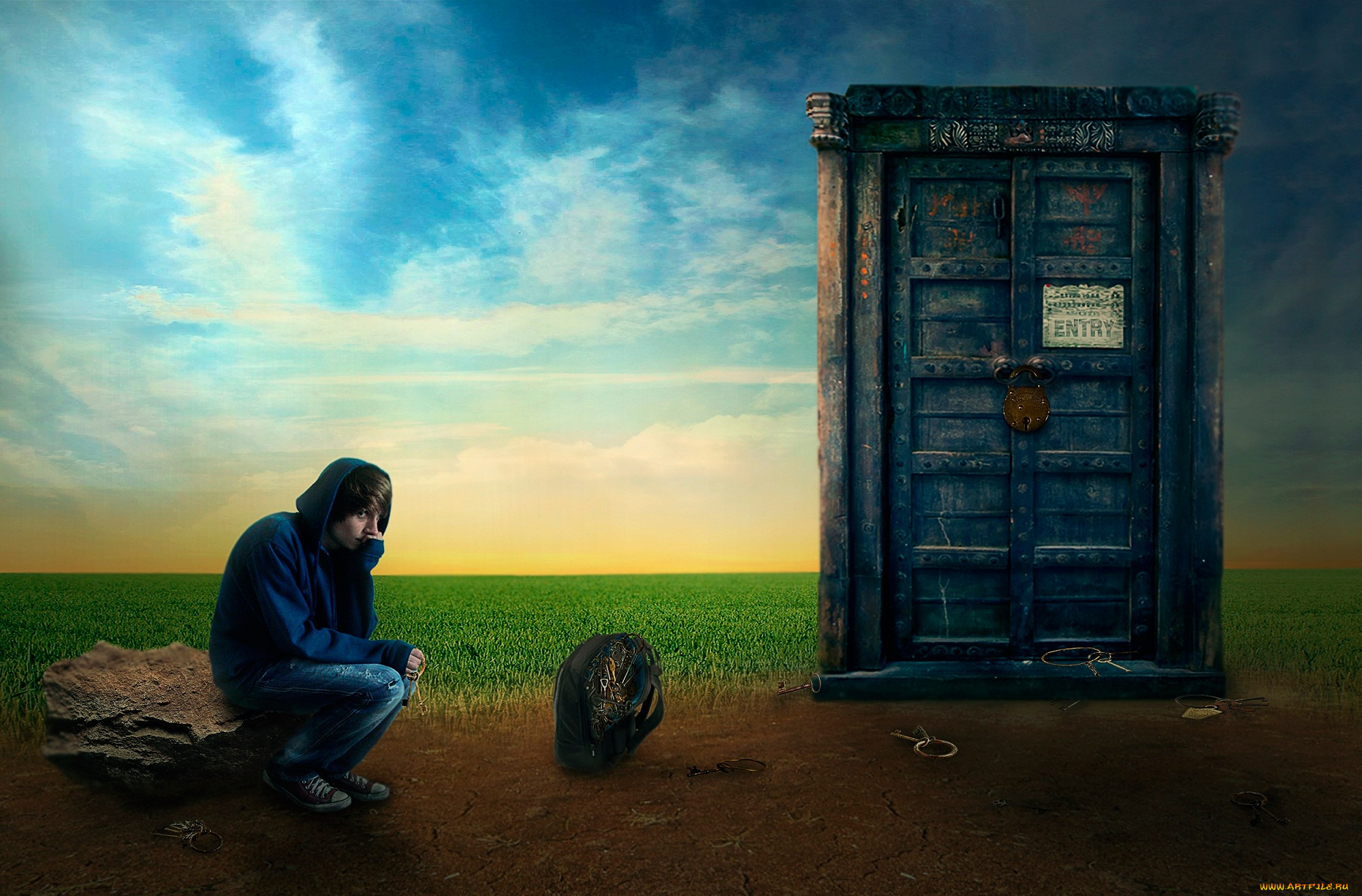 разное, компьютерный, дизайн, парень, дверь, замок, ключи, арт