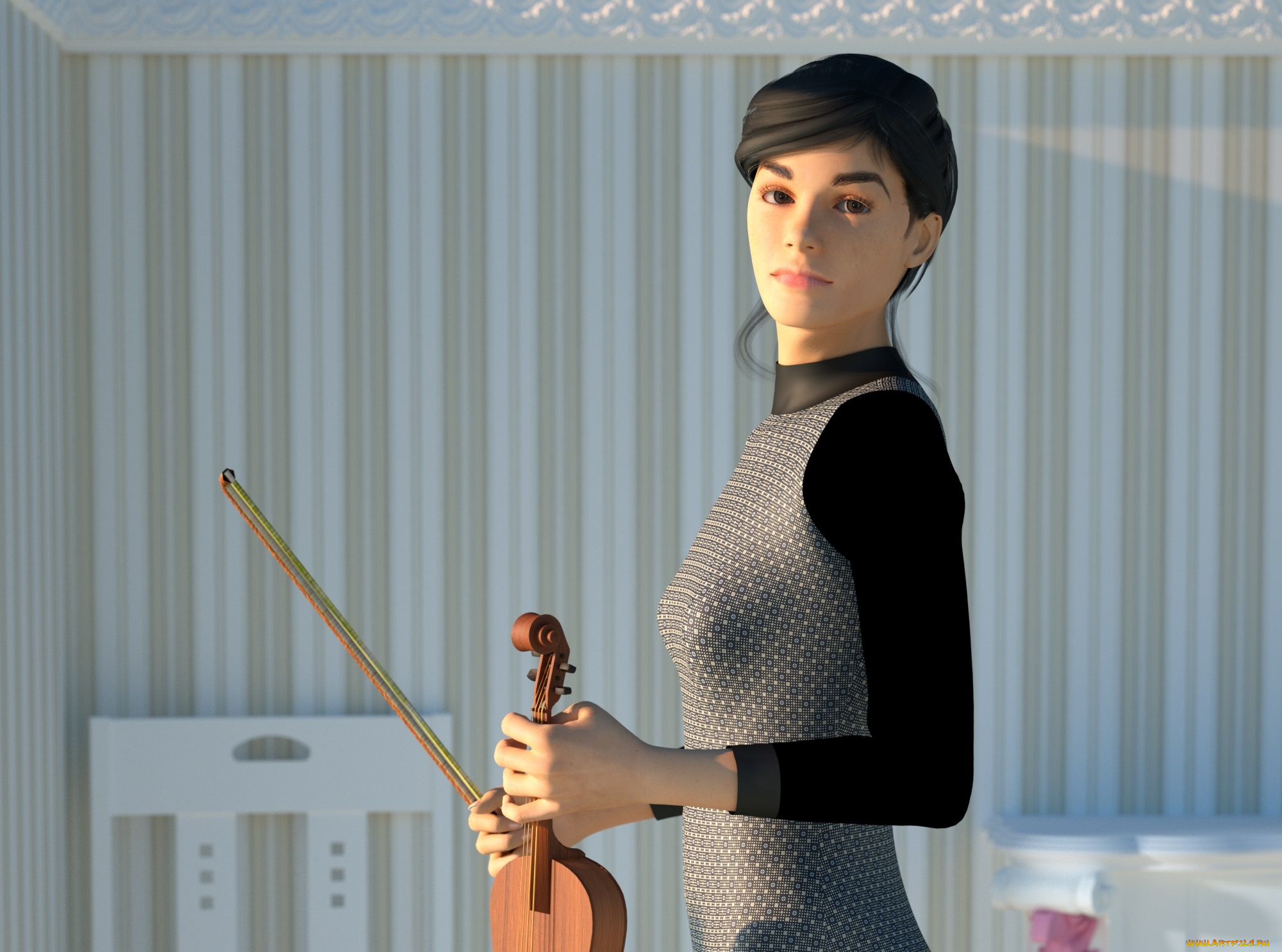 3д, графика, люди, , people, скрипка, взгляд, девушка
