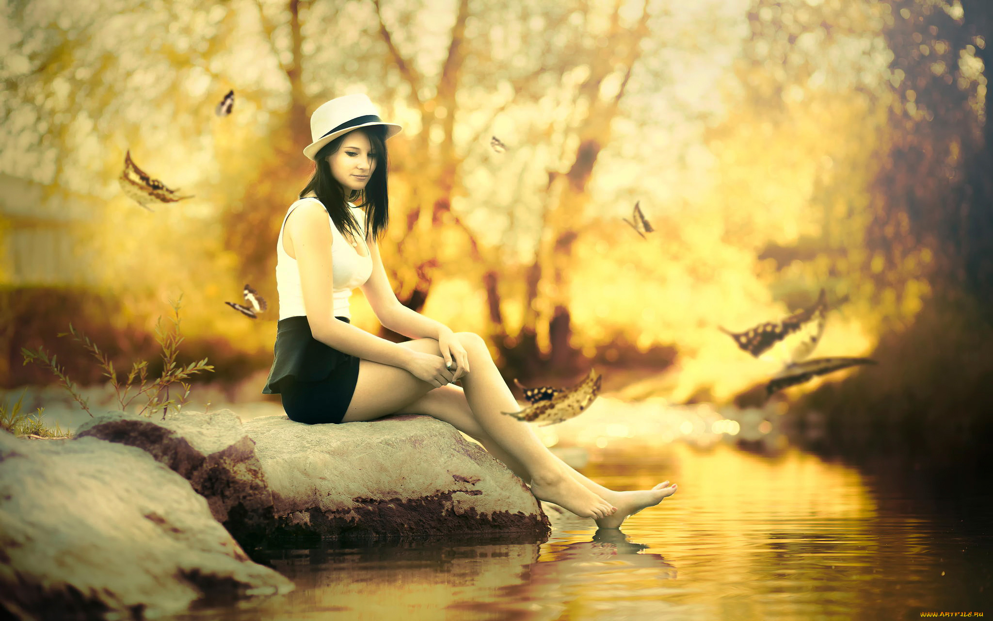 девушки, -unsort, , брюнетки, , шатенки, осень, листопад, девушка, шляпка, ручей, камень