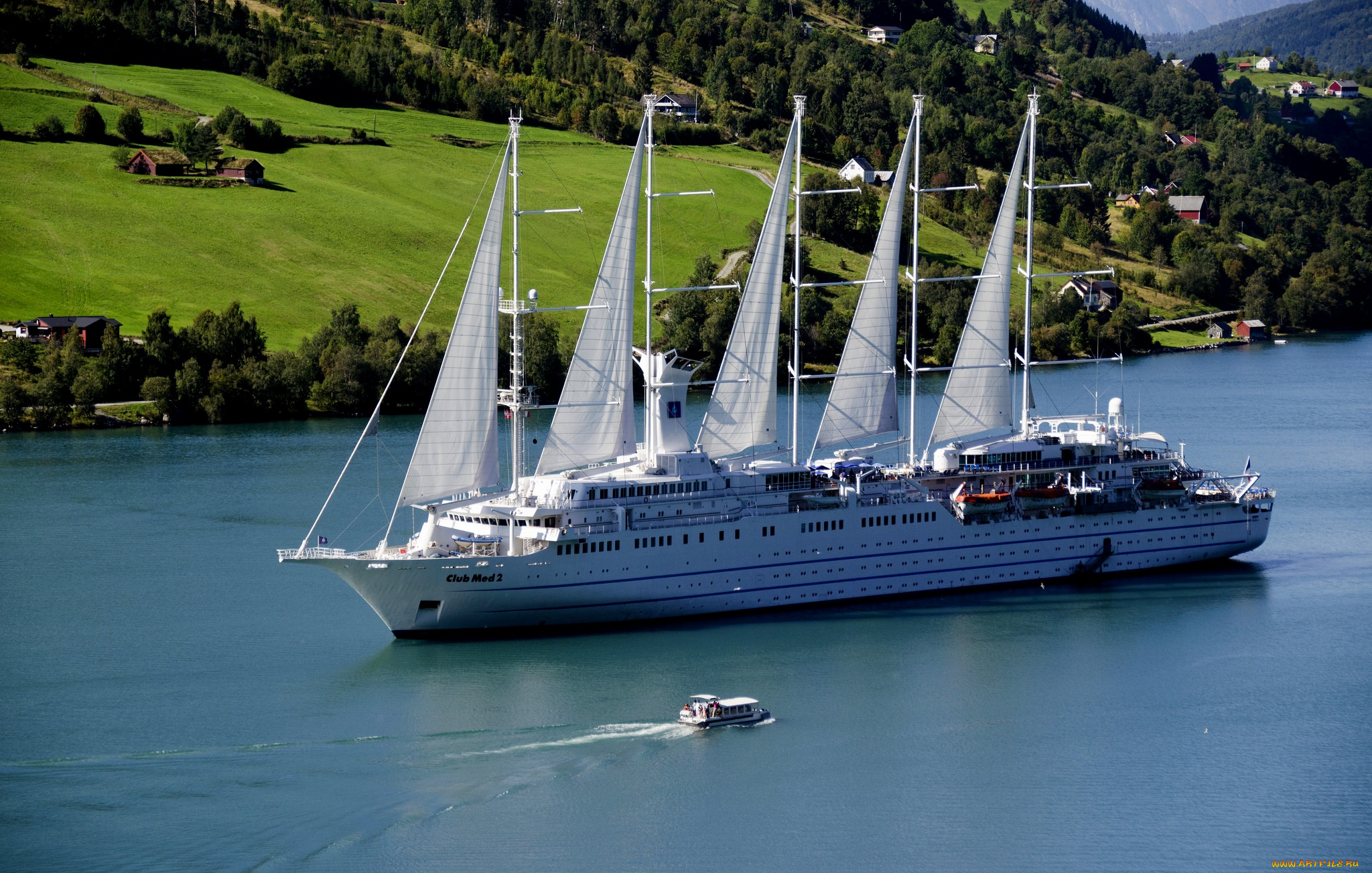 корабли, разные, вместе, деревья, река, парусник, путешествие