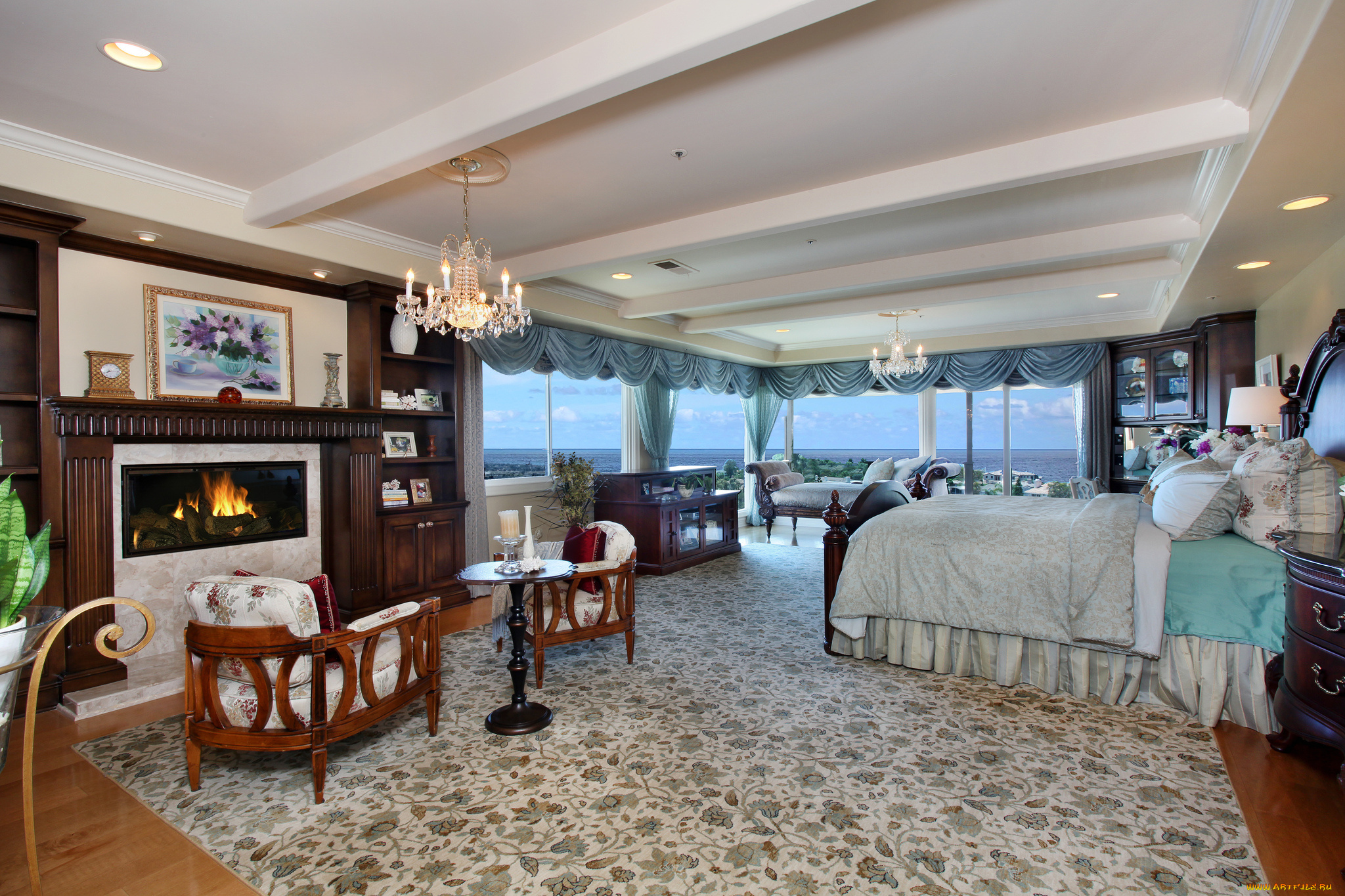 интерьер, спальня, подушки, люстра, светильник, стиль