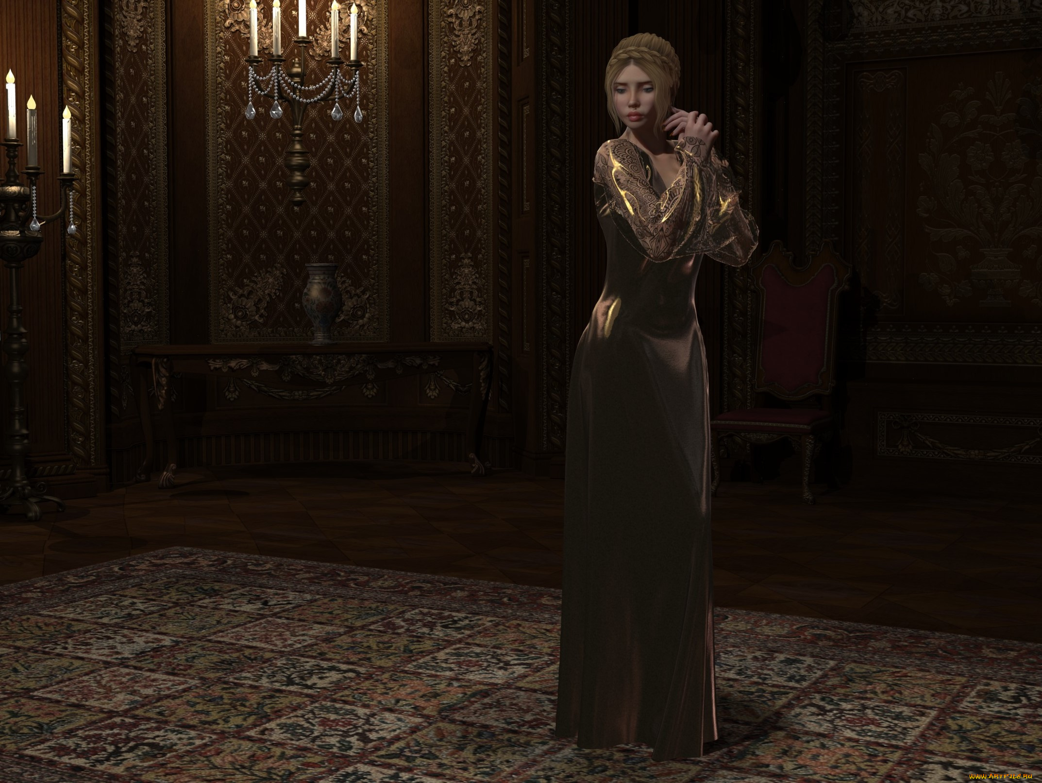 3д, графика, люди, , people, свечи, мрак, комната, взгляд, девушка