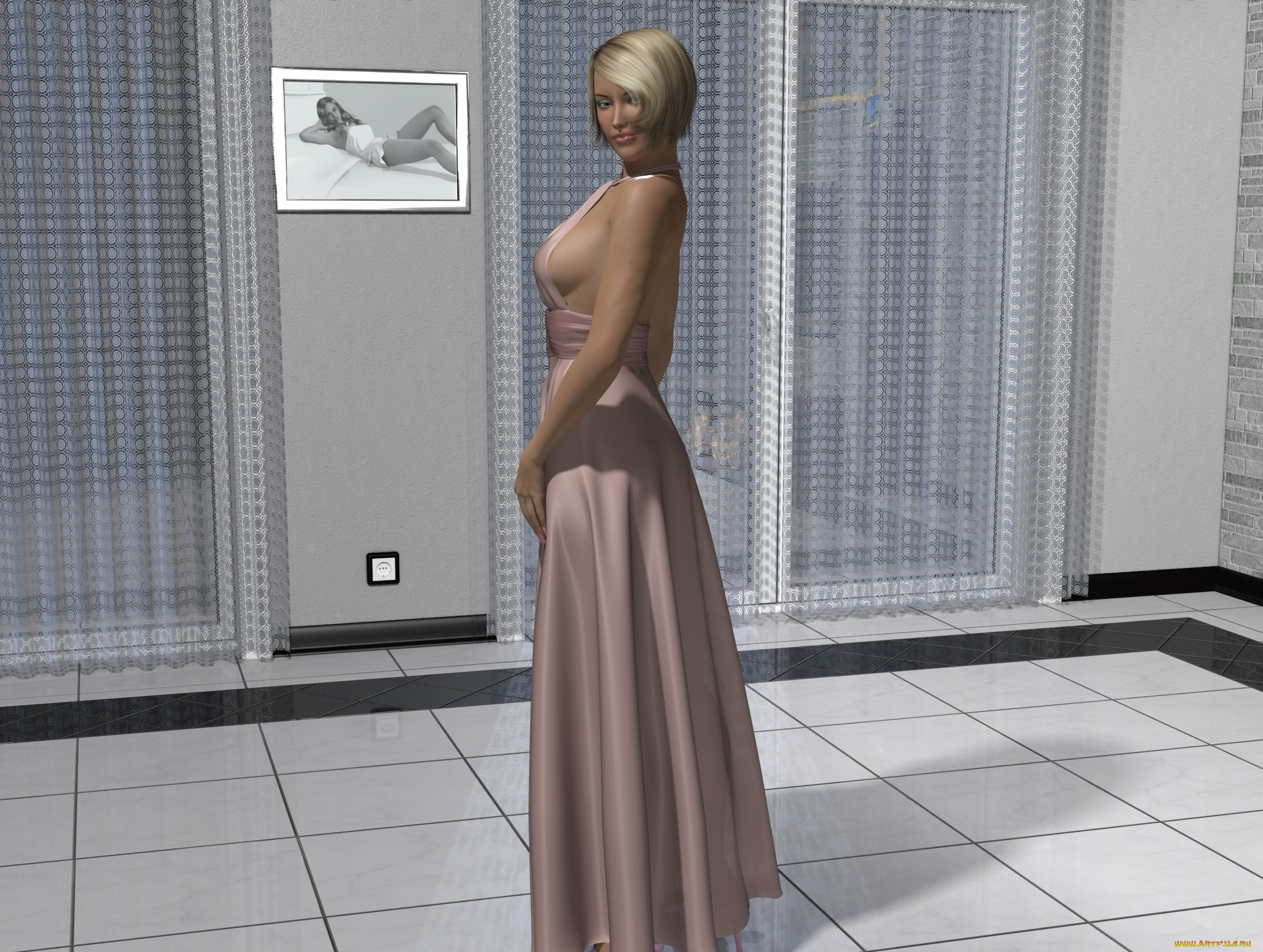 3д, графика, люди, , people, девушка, взгляд, платье, комната