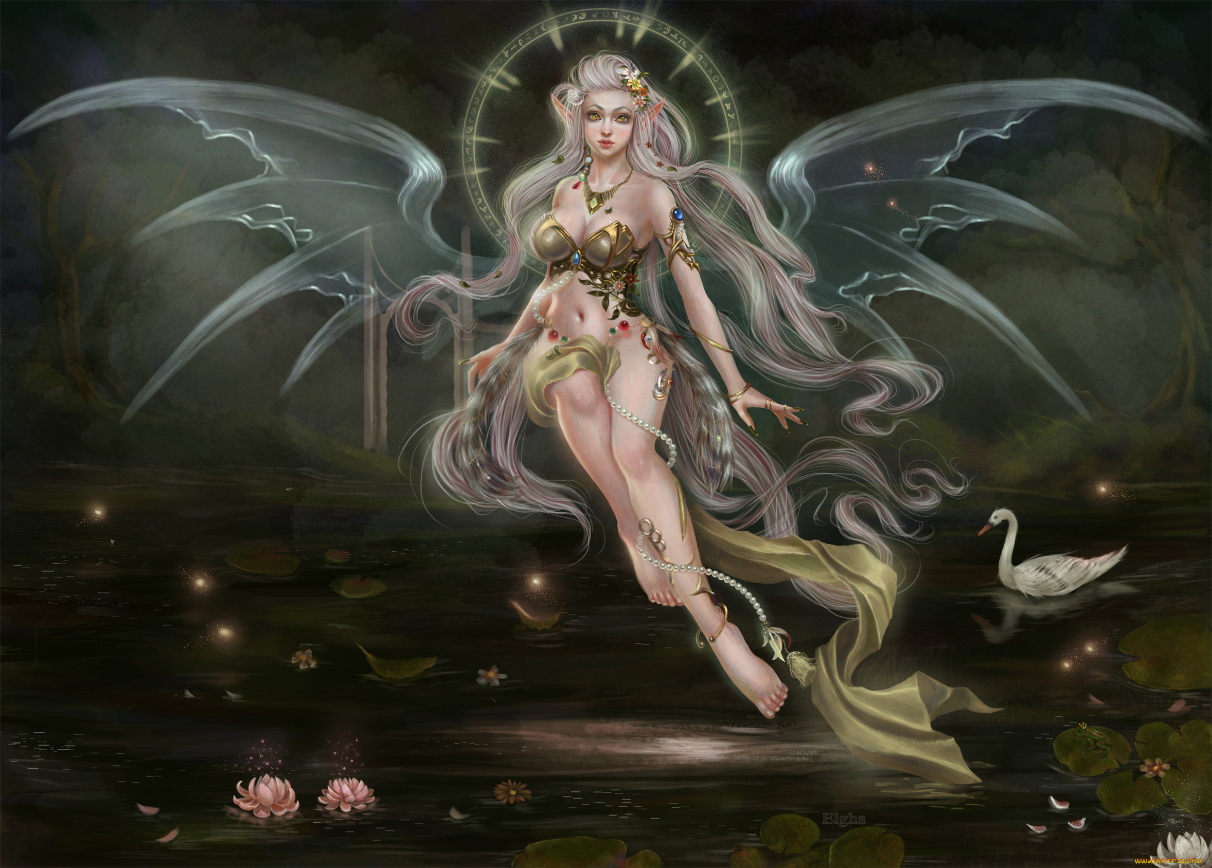 фэнтези, эльфы, эльф, девушка, пруд, лотос, лебедь