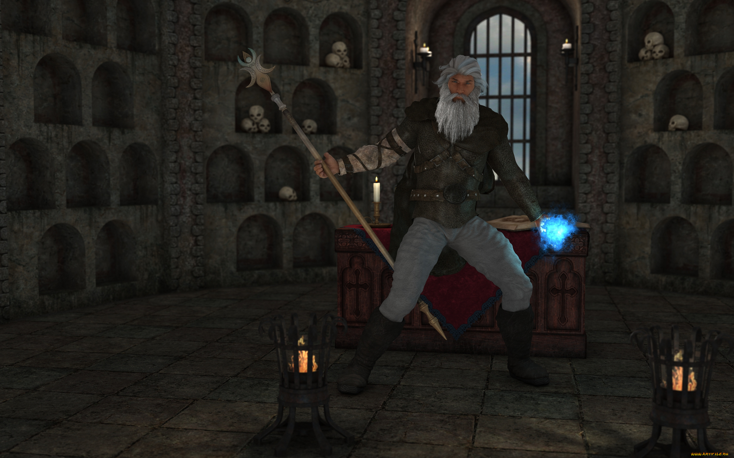 3д, графика, фантазия, , fantasy, старик, шест, магия, черепа