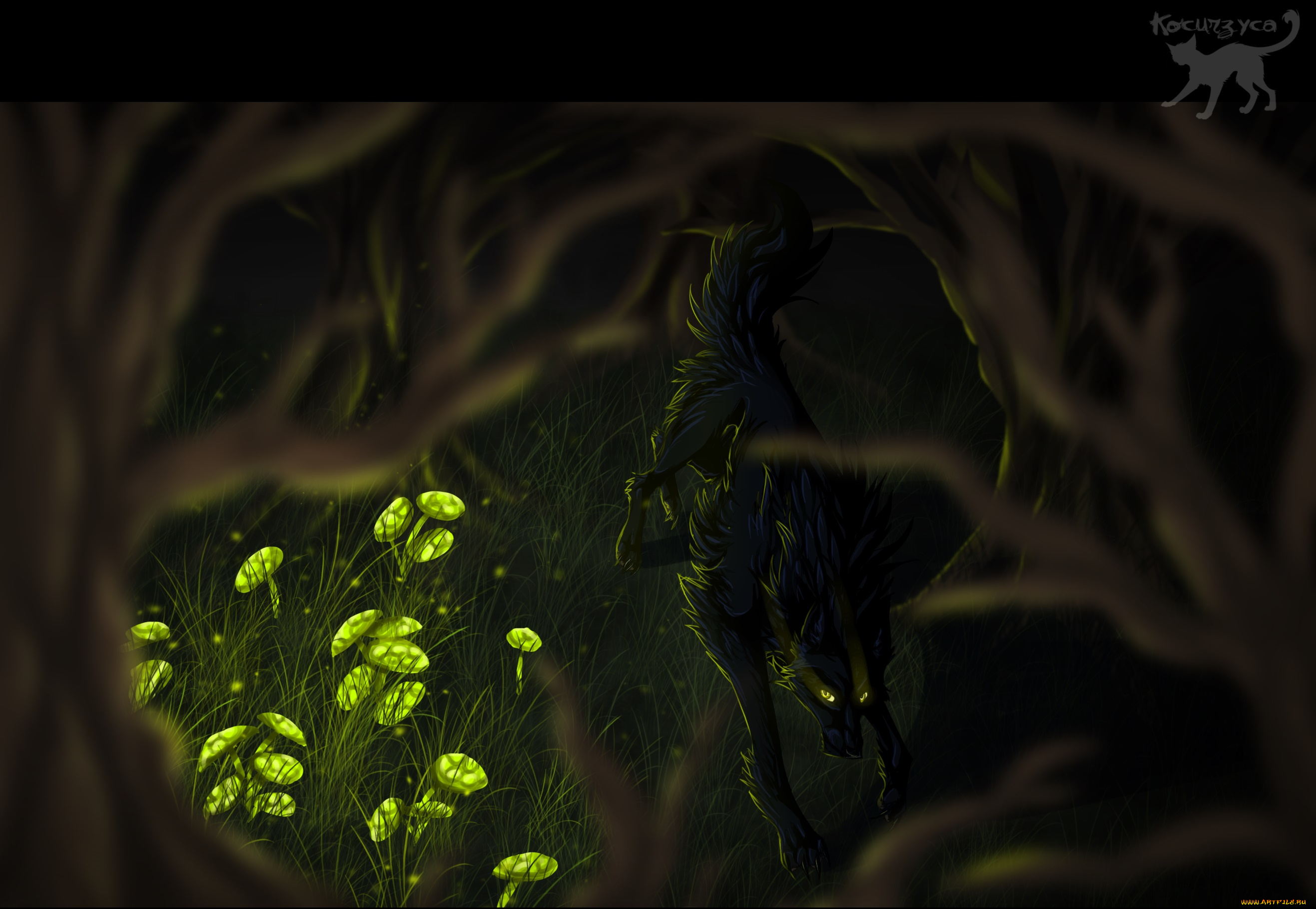 рисованные, животные, , волки, ночь, волк