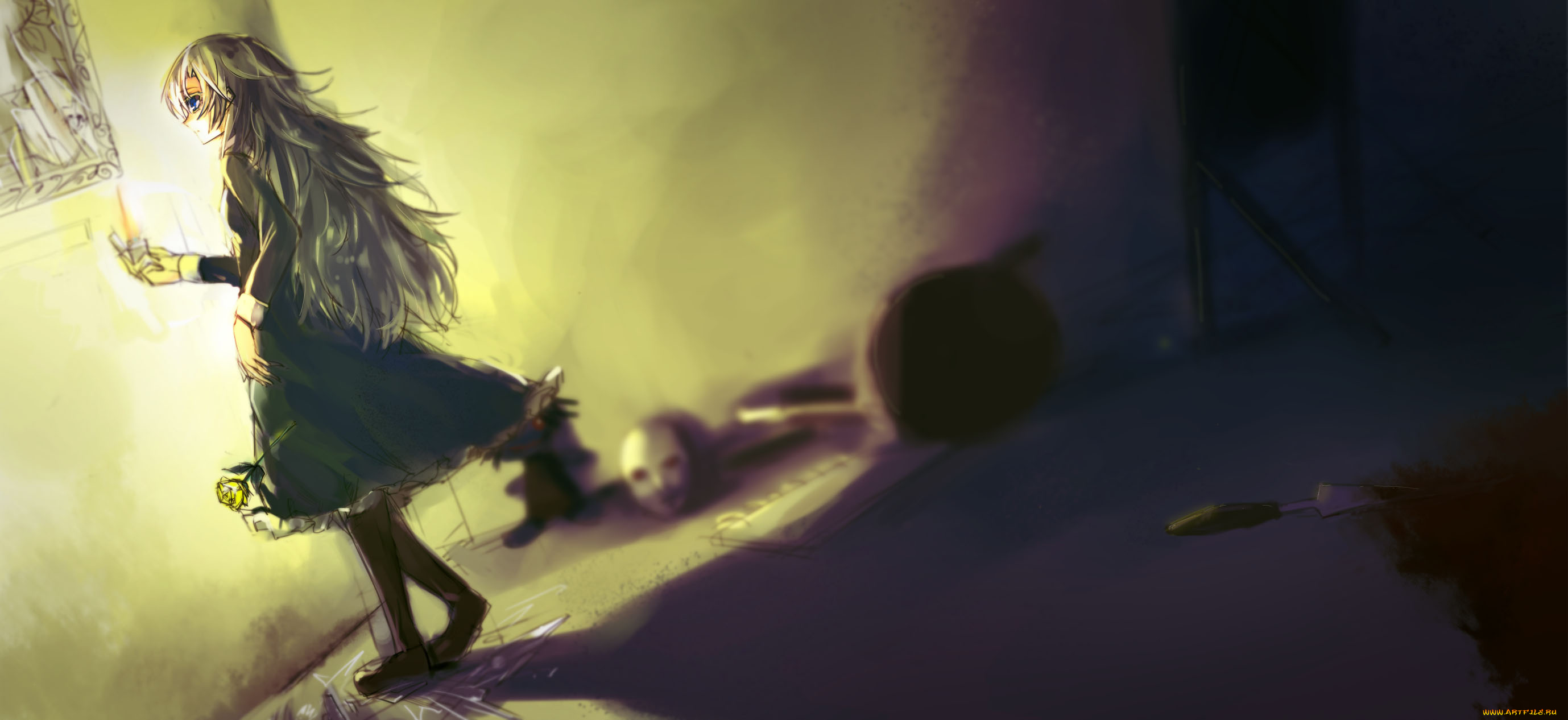 аниме, ib, комната, кровь, свет, роза, mary, девушка