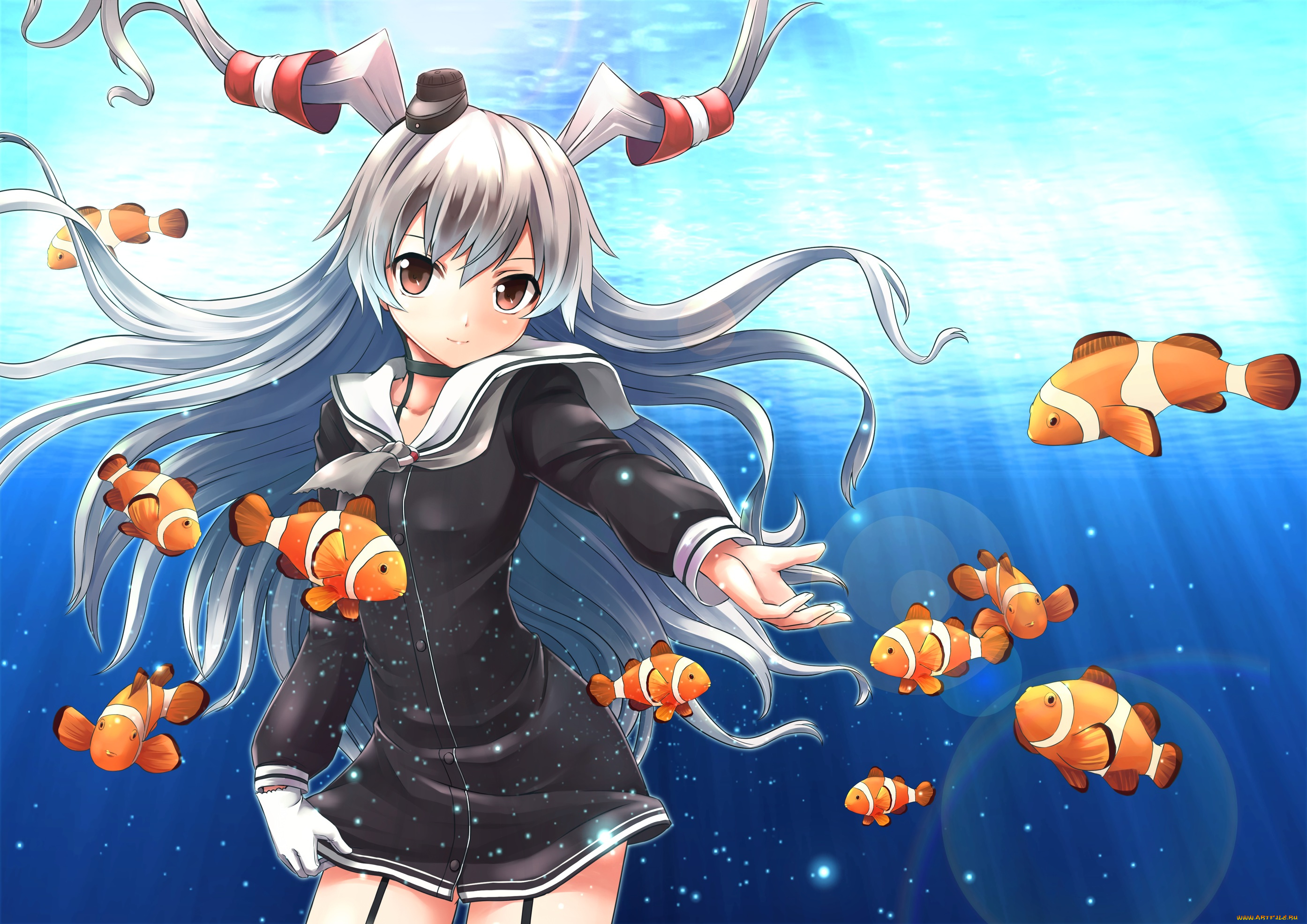 аниме, kantai, collection, серые, волосы, рыбы-клоуны, солнечные, лучи, блики, вода, рыбки, девушка