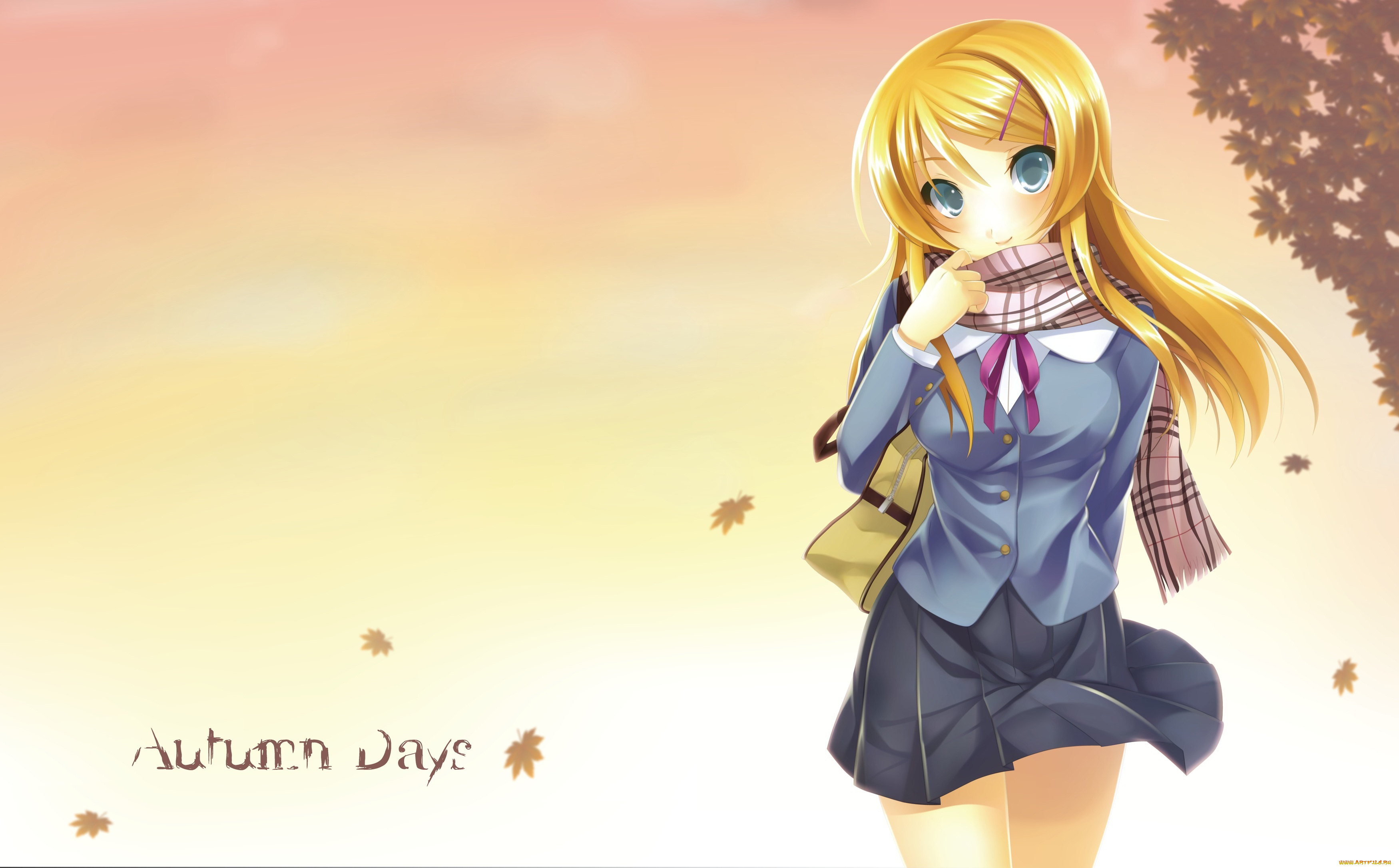 аниме, oreimo, шарф, форма, осень, ore, no, imouto, ga, konna, ni, kawaii, wake, nai, листья, девушка, kousaka, kirino