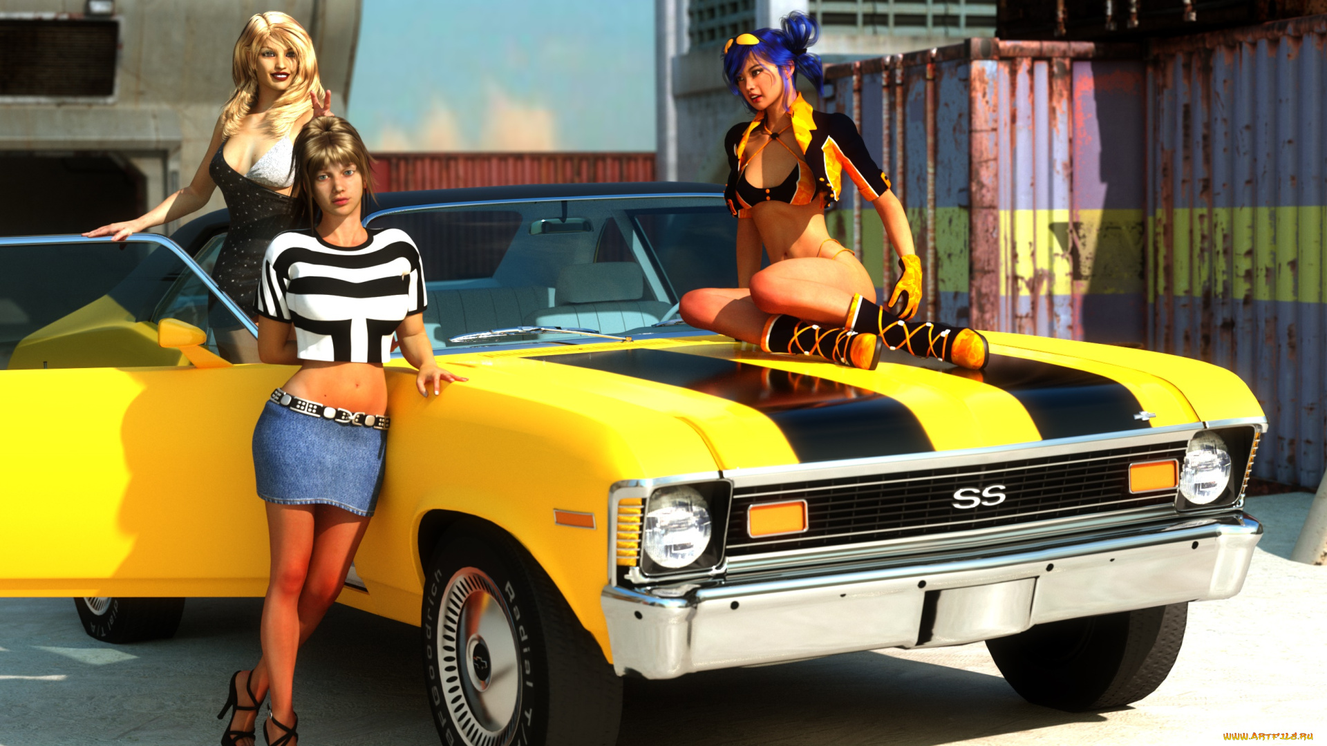 автомобили, 3d, car&girl, автомобиль, фон, взгляд, девушки