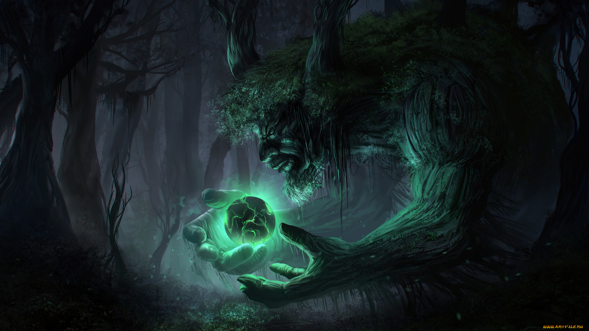 фэнтези, существа, лес, ночь, тьма, сфера, магия, дух, существо
