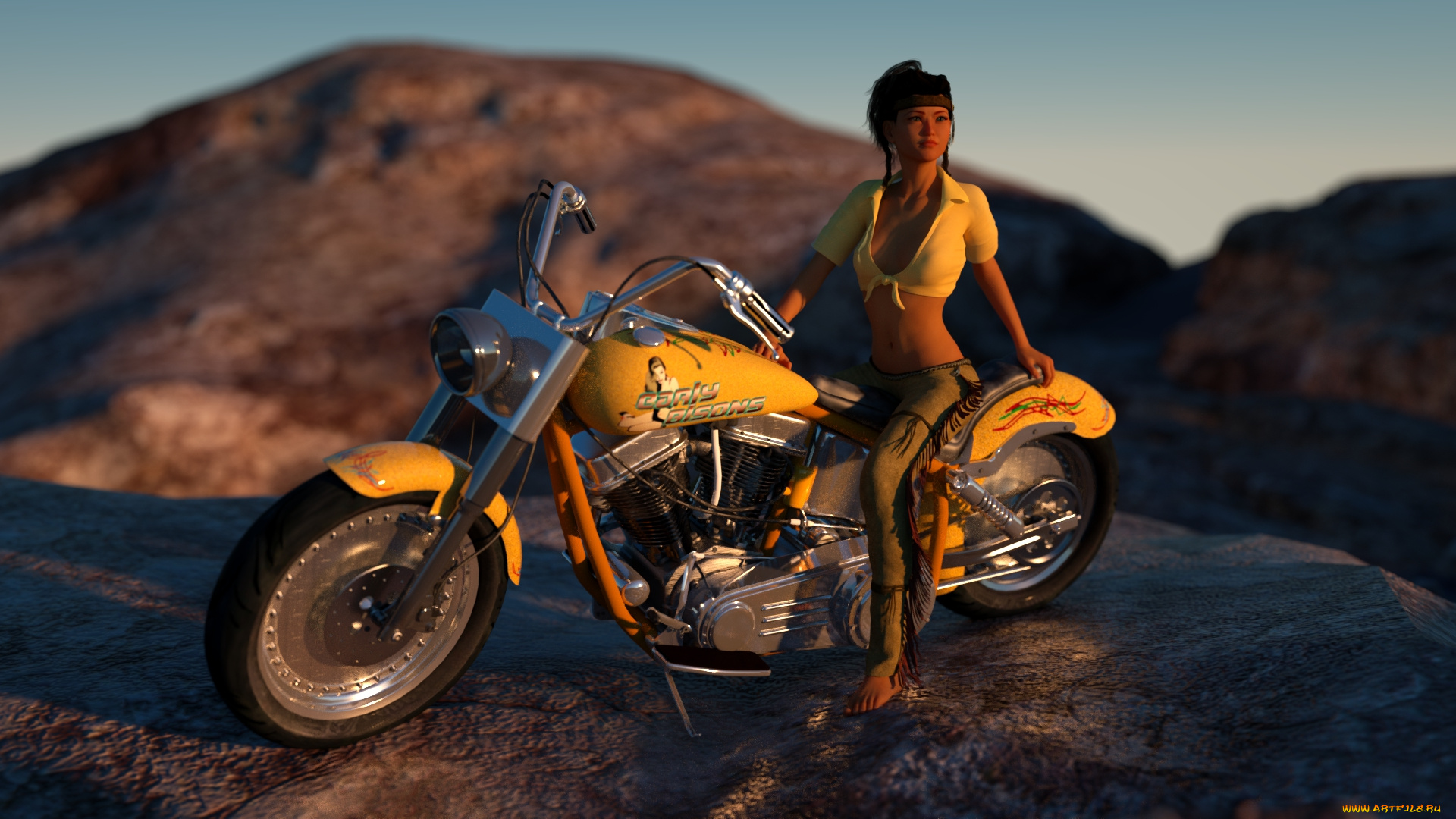 мотоциклы, 3d, мотоцикл, фон, взгляд, девушка