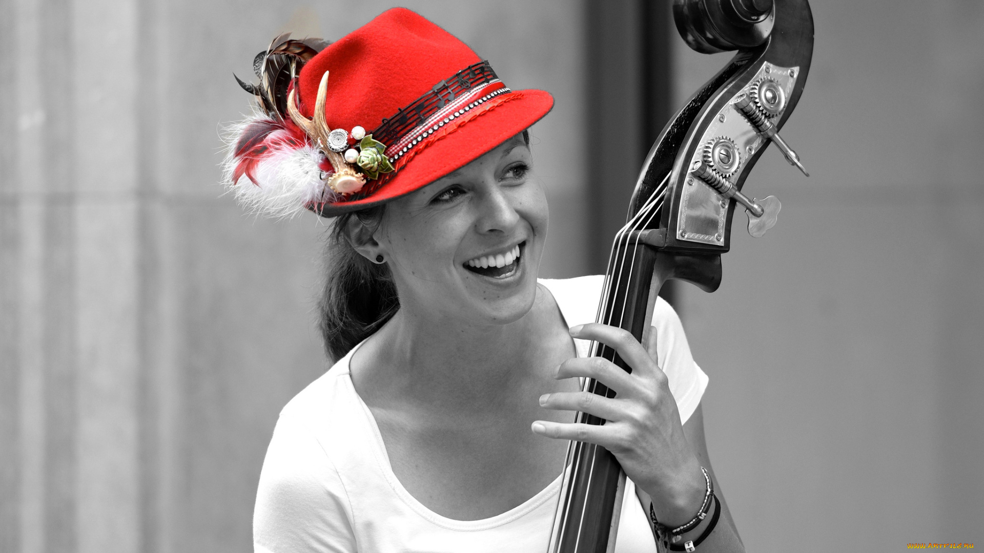 музыка, -, другое, девушка, инструмент, шляпа