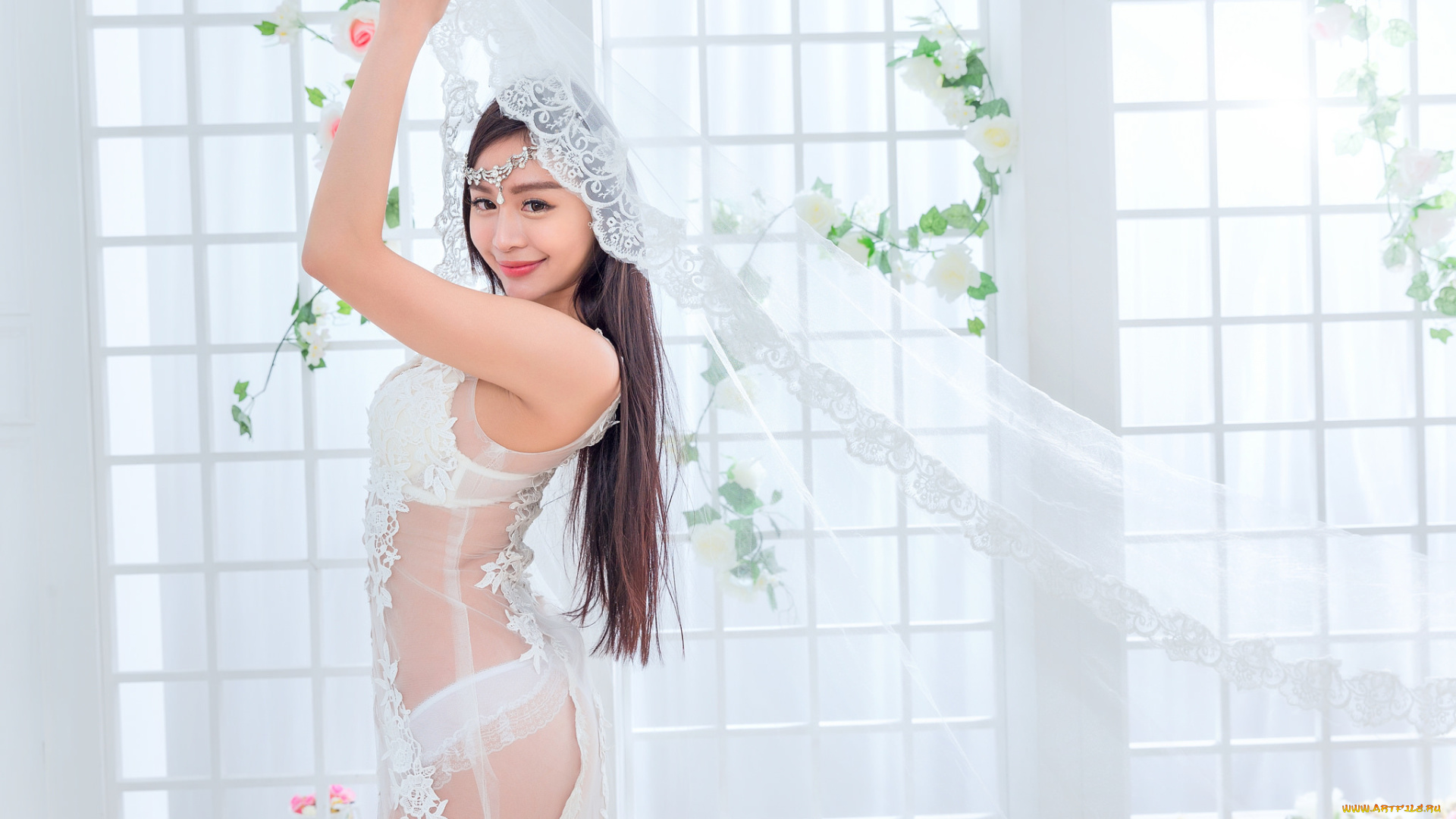 девушки, -unsort, , азиатки, ткань, улыбка, восточная, девушка, белье