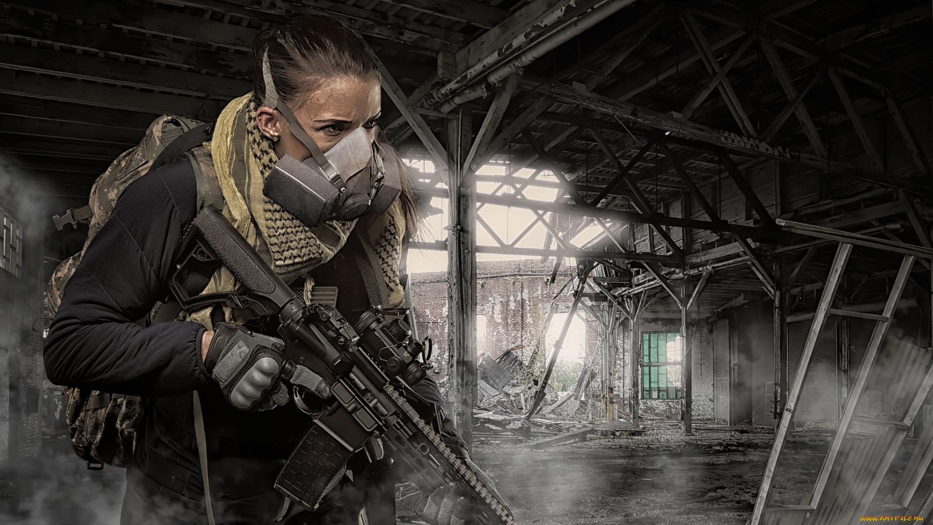 девушки, -unsort, , девушки, с, оружием, оптика, оружие, штурмовая, винтовка, развалины, девушка