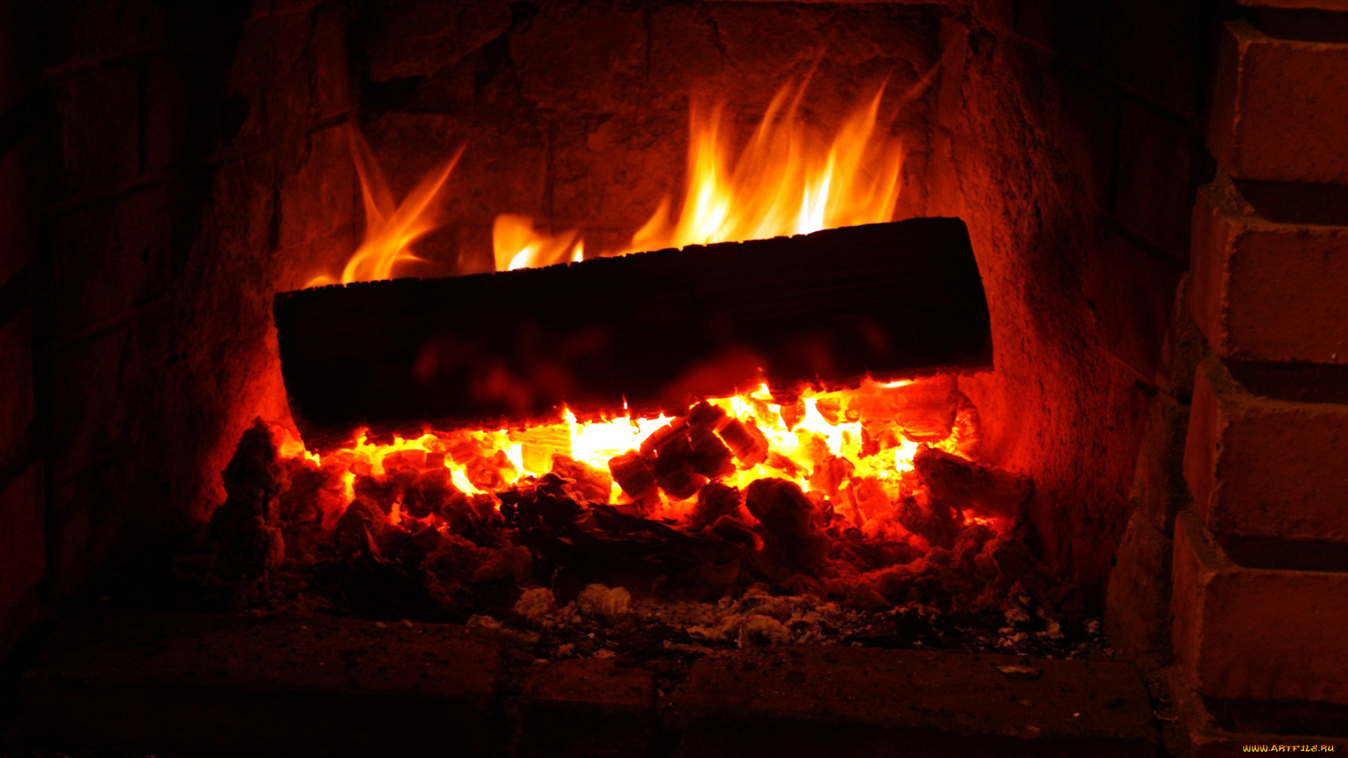 природа, огонь, пламя, полено, камин