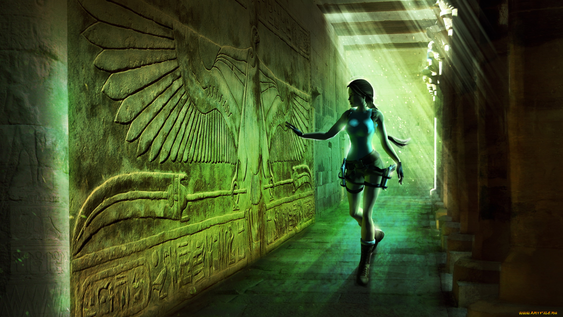 видео, игры, lara, croft, and, the, guardian, of, light, девушка, фон, стена, луч