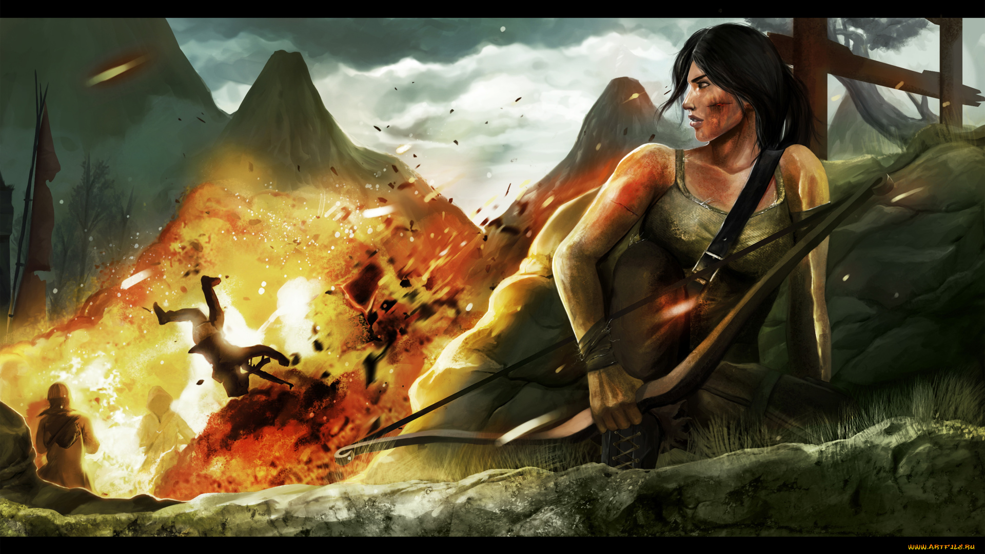 видео, игры, lara, croft, and, the, guardian, of, light, фон, горы, взрыв, лук, девушка