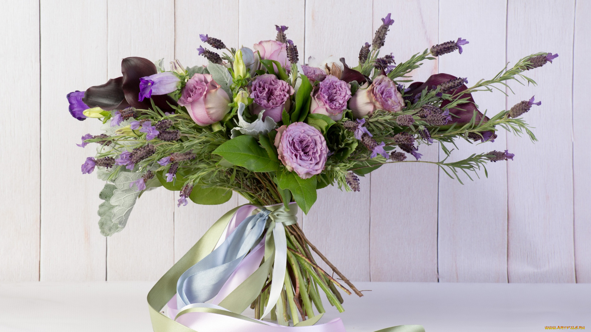 цветы, букеты, , композиции, ваза, хлопок, букет, ленты, розы, каллы