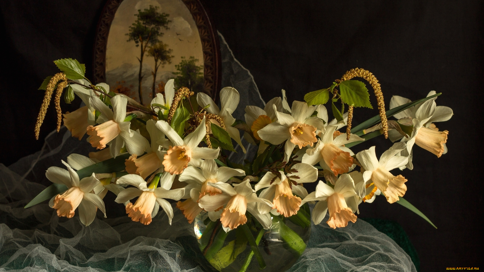 цветы, нарциссы, картина, ваза, ткань