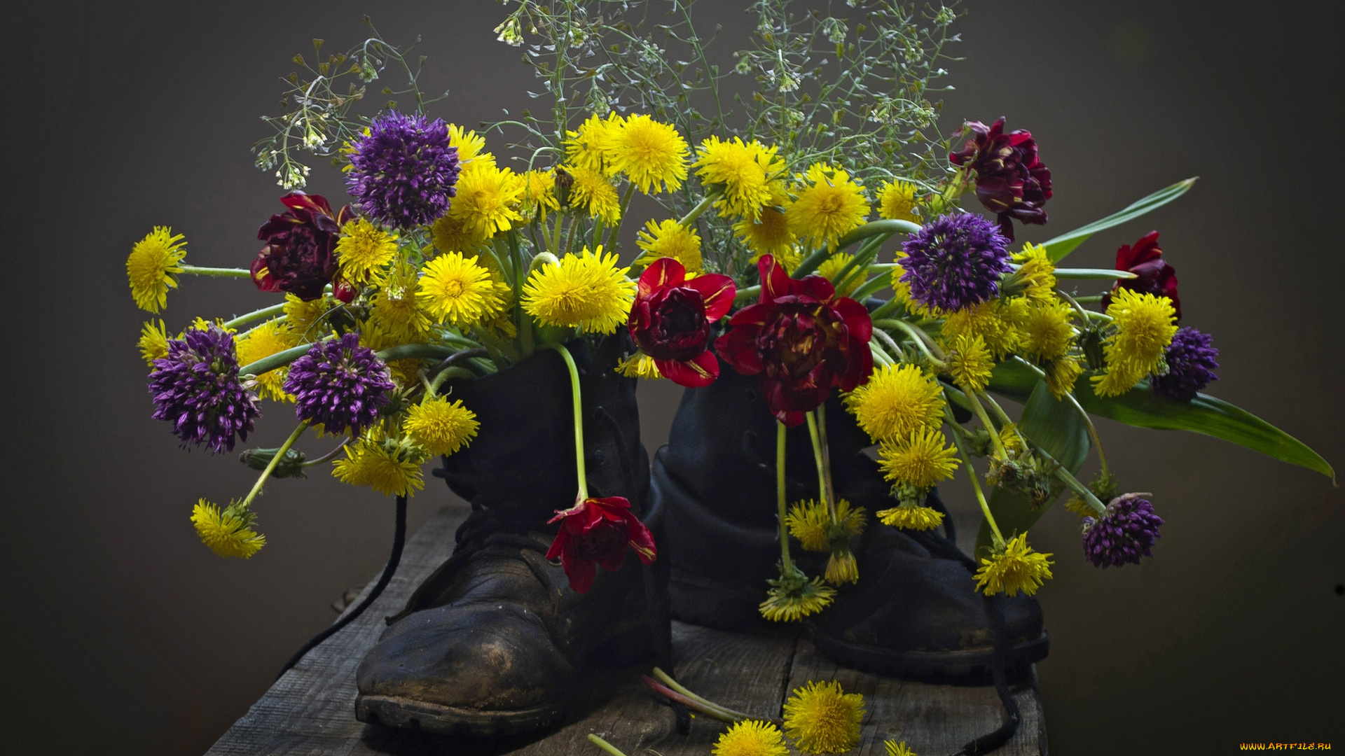 цветы, разные, вместе, тюльпаны, одуванчики, обувь, ботинки, лук